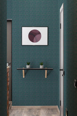 A dark green vintage-inspired wallpaper with a pattern of small, intricate pink and white flowers, giving a moody yet elegant feel to the room, traditional wallpaper.