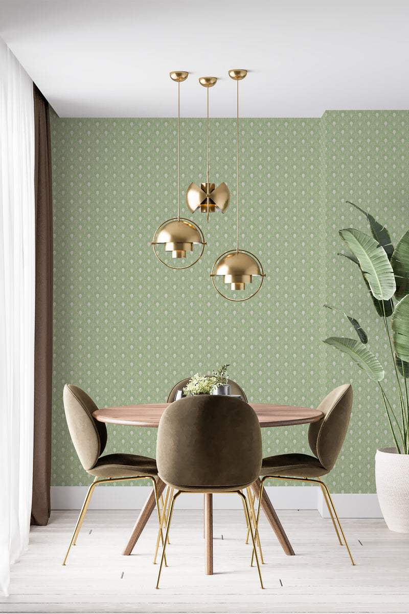 A room with Olive Art Deco wallpaper on one wall, with a geometric pattern and a vintage green color palette, complementing the modern furniture, traditional wallpaper.