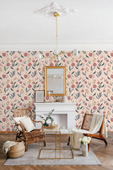 A room with Peachy Bouquet wallpaper, including peach-colored floral patterns and green leaves on a light background, above a white chair rail, complementing traditional wallpaper.