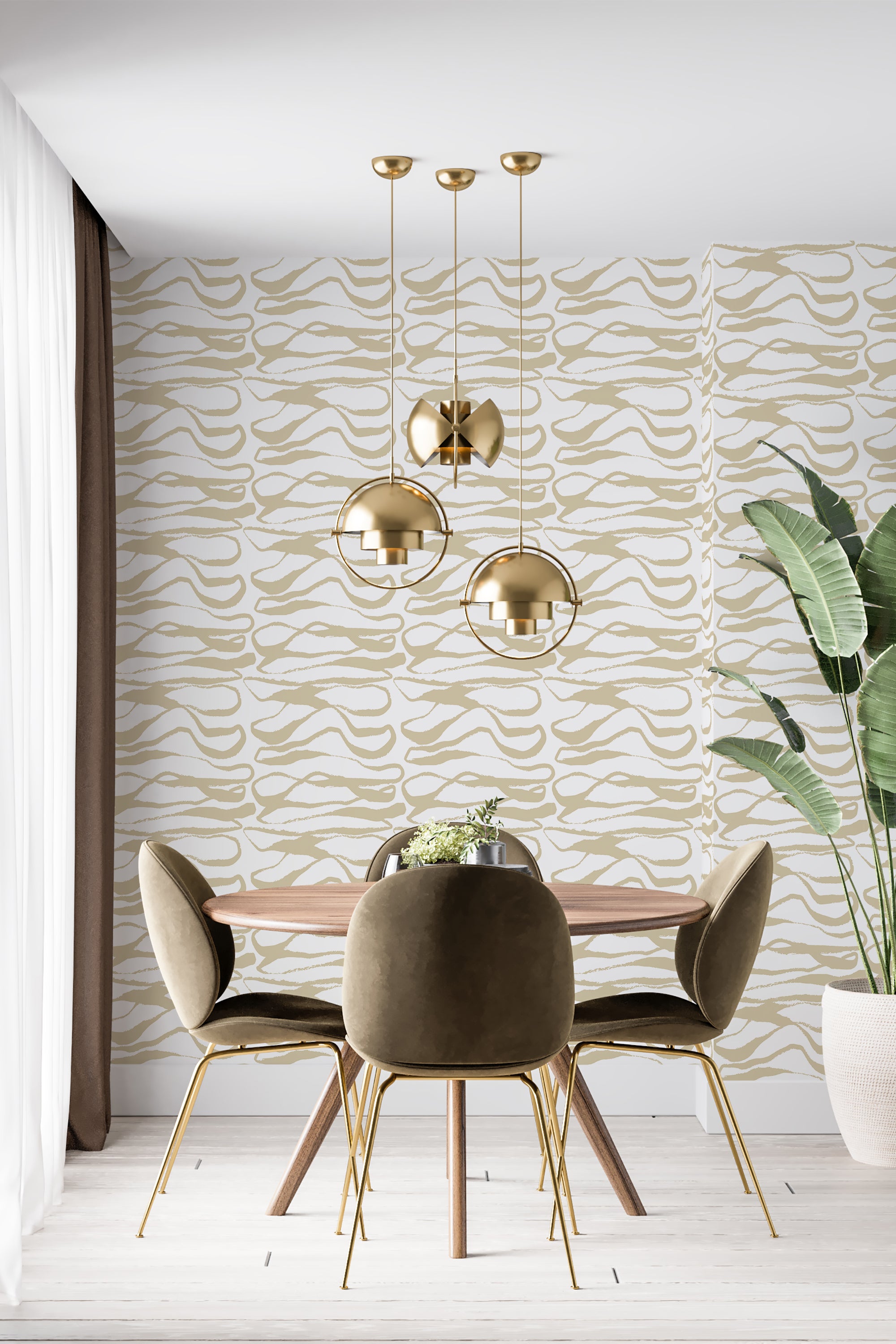 A room with a wall covered in Cute Honey Lines wallpaper with an organic, wavy line pattern in muted tones, complemented by modern furniture and lighting, giving a cozy yet stylish look to the space ��� traditional wallpaper.