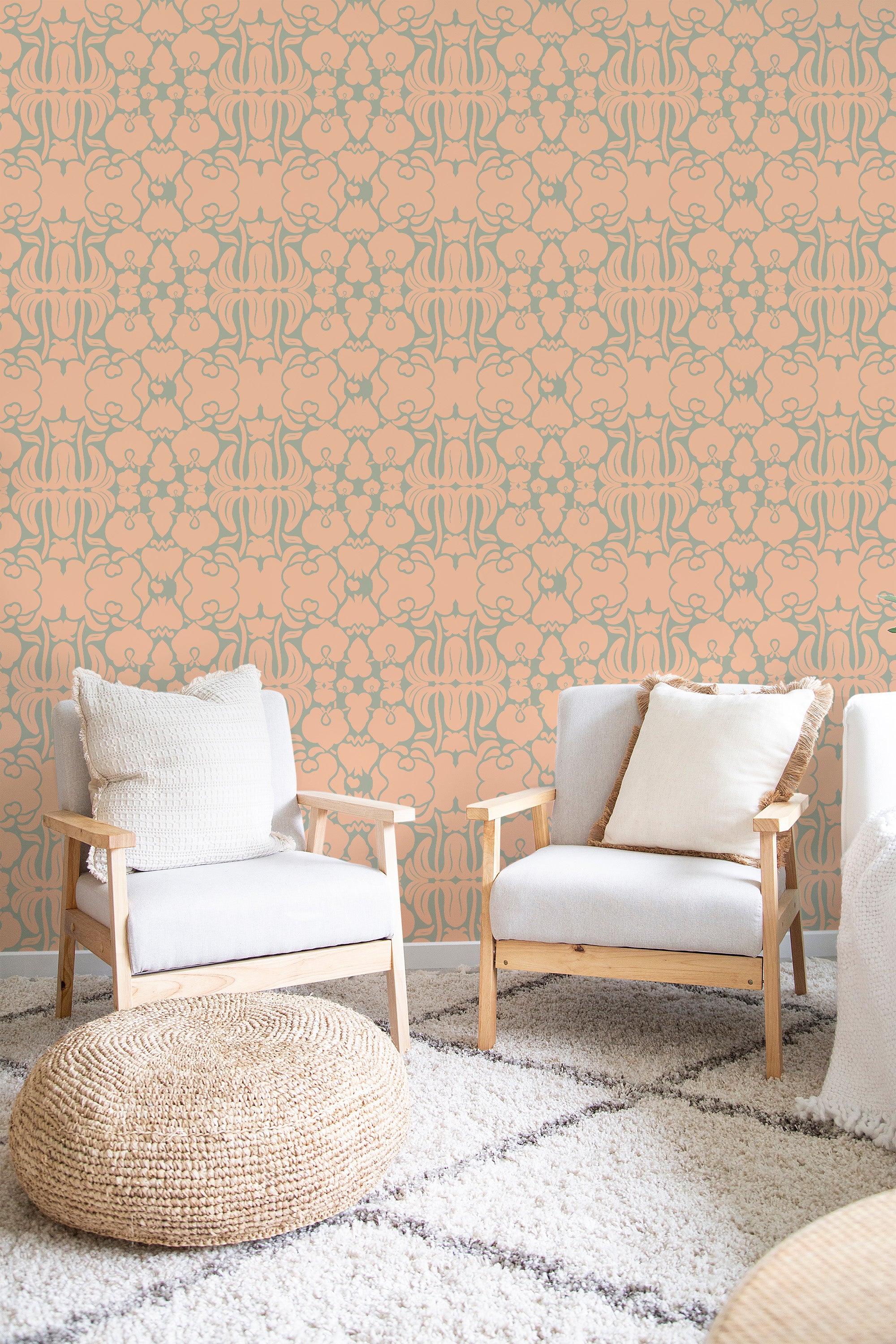 Elegant peach and green Victorian wallpaper with intricate floral and geometric patterns, adding a classic touch to the room's aesthetic, traditional wallpaper.