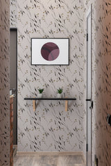 A room with beige-colored wallpaper adorned with a pattern of delicate, thin-stemmed brown flowers, adding a subtle and elegant feel to the space, traditional wallpaper.