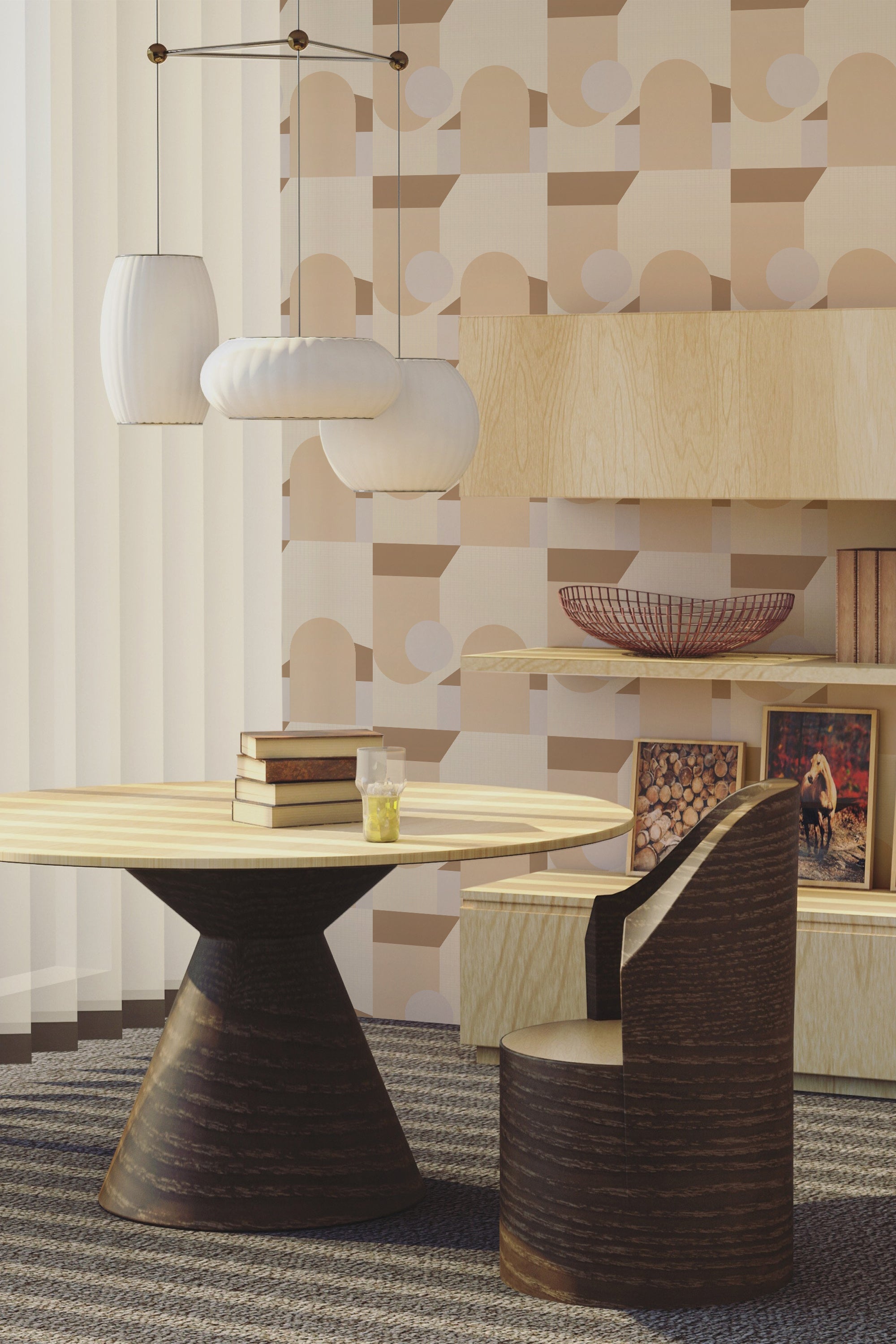 A room with Aesthetic boho geometry wallpaper with a pattern of overlapping circles in varying shades of brown and beige, complementing the wooden furniture, and ending with a phrase 'traditional wallpaper.'.