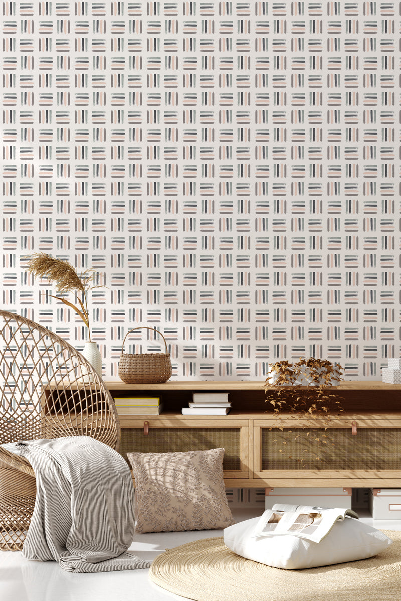 Wallpaper with a monochromatic aesthetic brush stroke pattern in a grid layout, offering a modern take on traditional wallpaper.