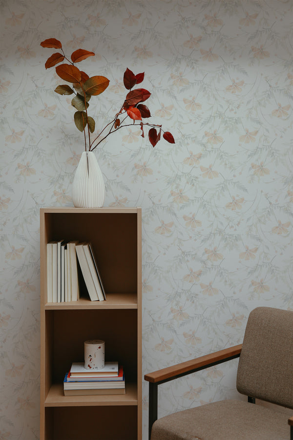 self-adhesive wallpaper subtle floral pattern bookshelf armchair decorative plant interior