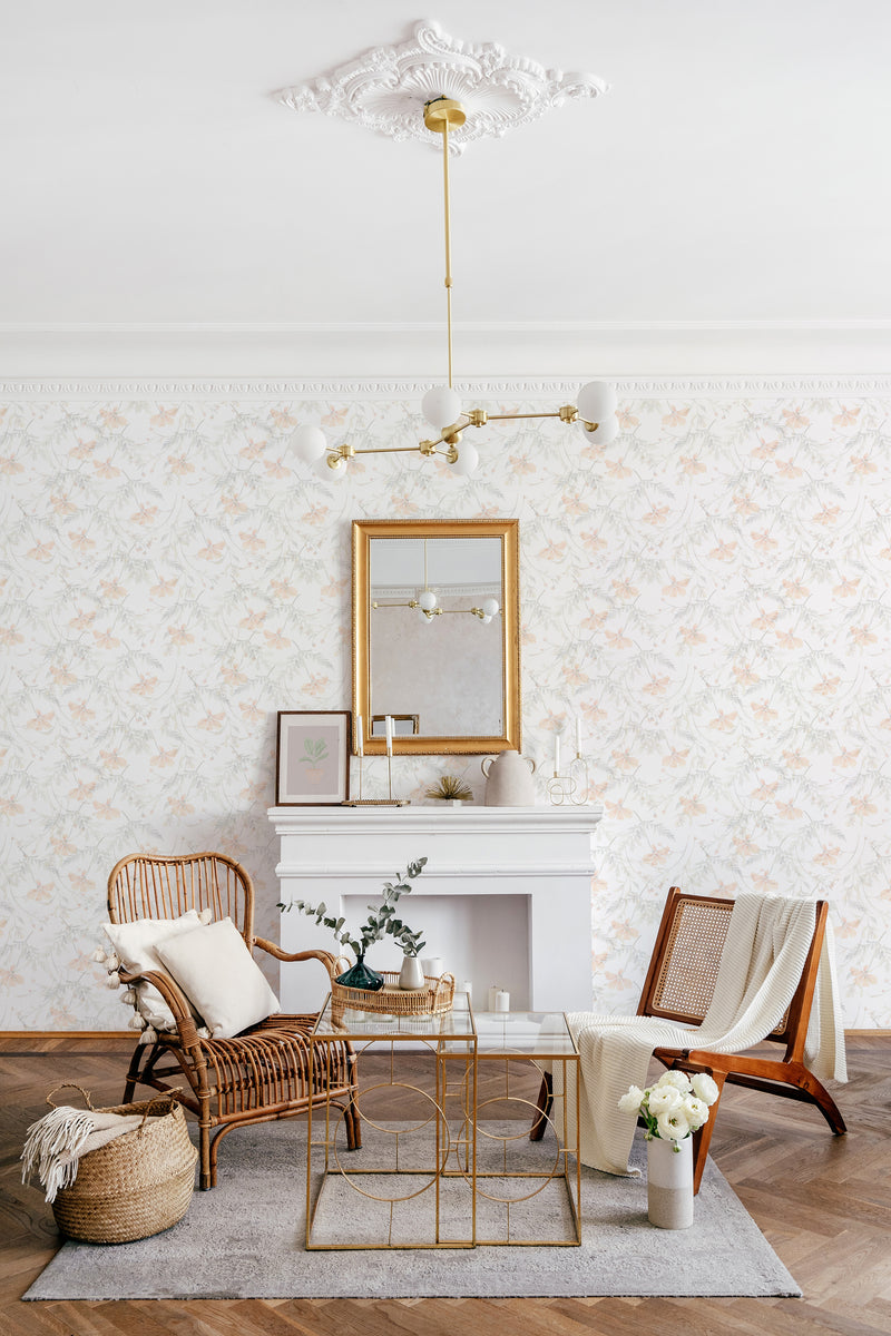 A room with light walls covered in subtle floral wallpaper, with small, delicate flower patterns scattered elegantly, lending a soft, traditional wallpaper aesthetic.