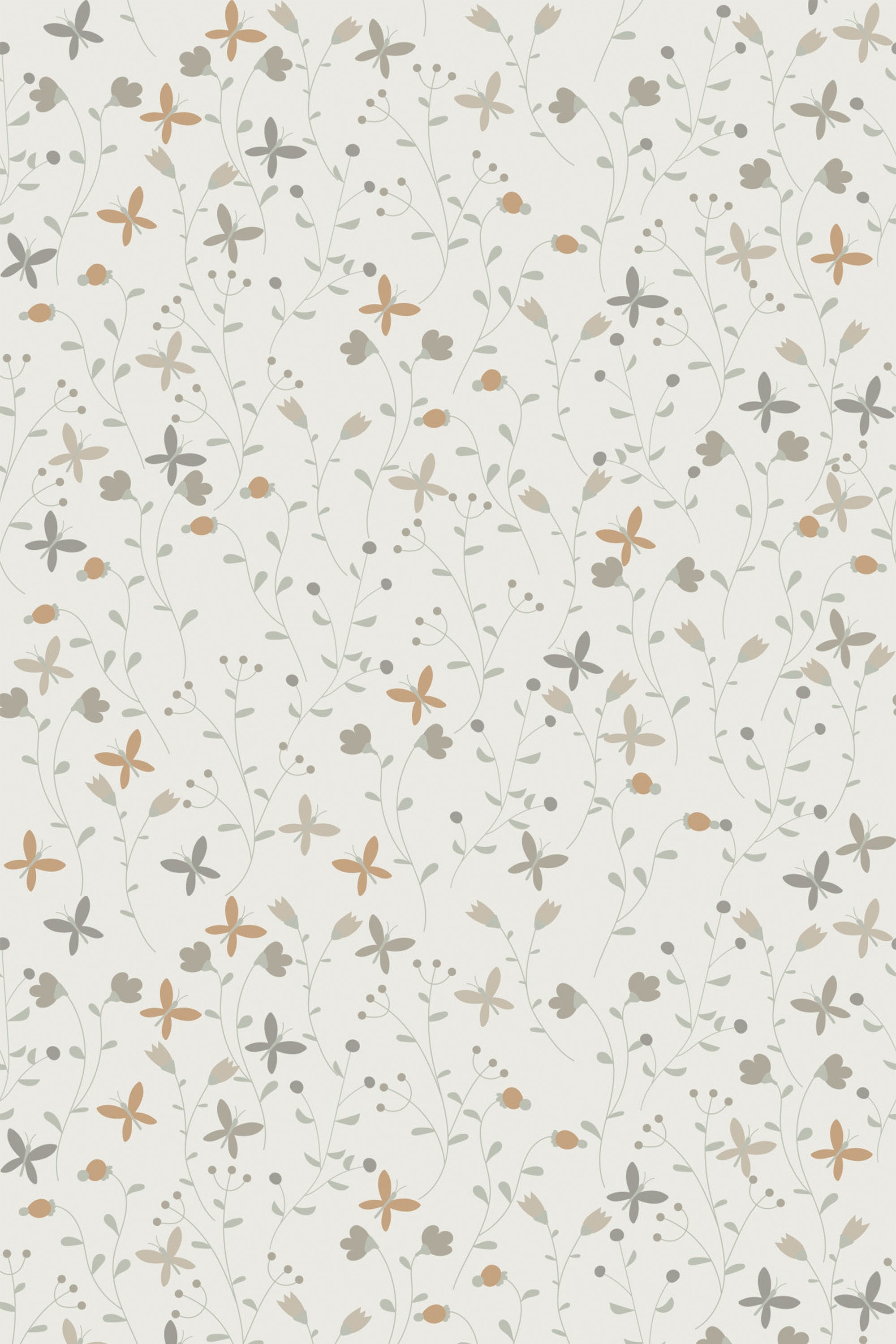 A pattern of orange and grey flowers with green stems and leaves on a cream background, named Spring Cottage, peel and stick removable wallpaper.