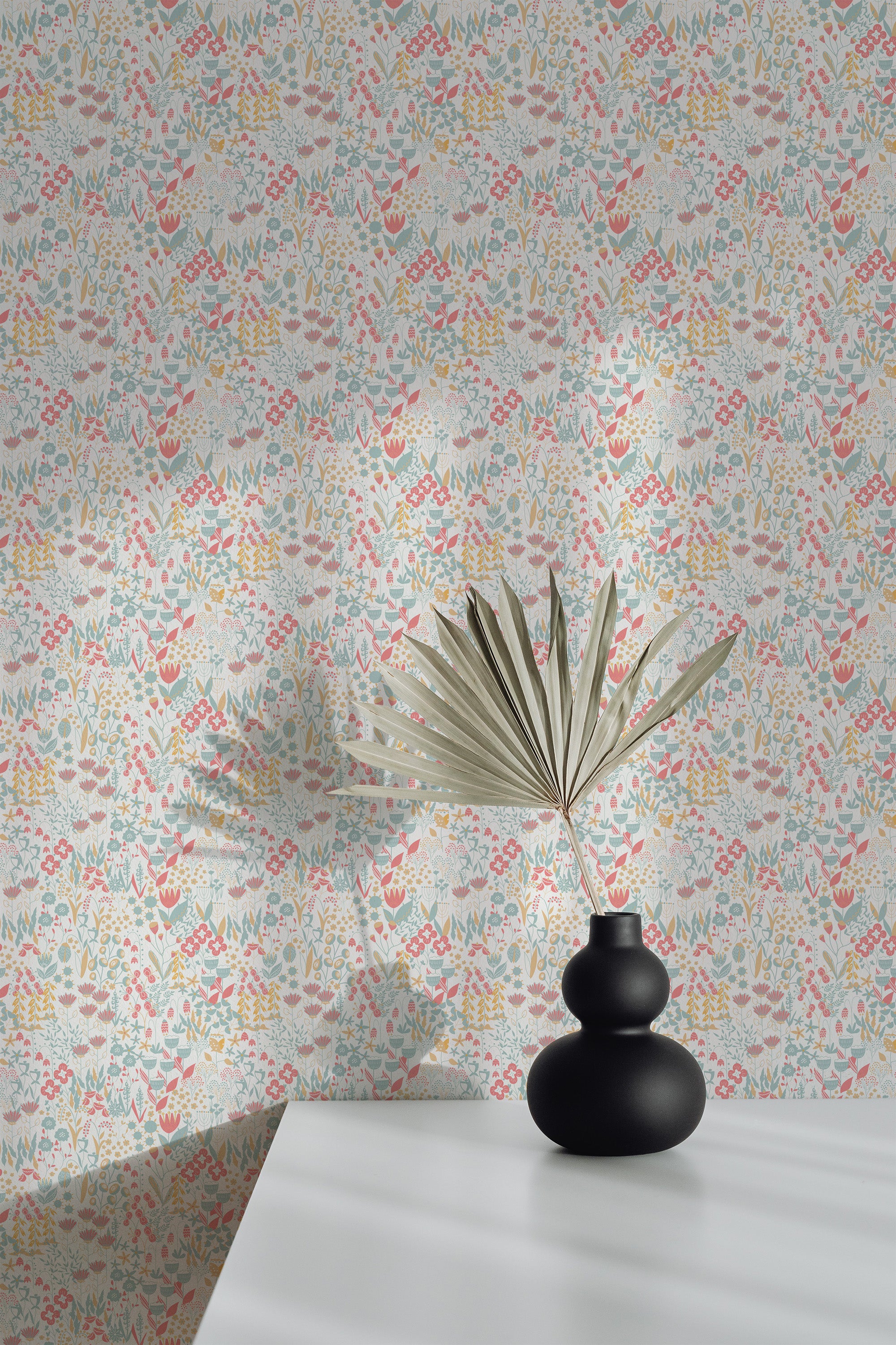 Self-adhesive wallpaper with a detailed colorful spring blossom pattern, including an array of flowers and leaves in shades of pink, red, green, and blue.