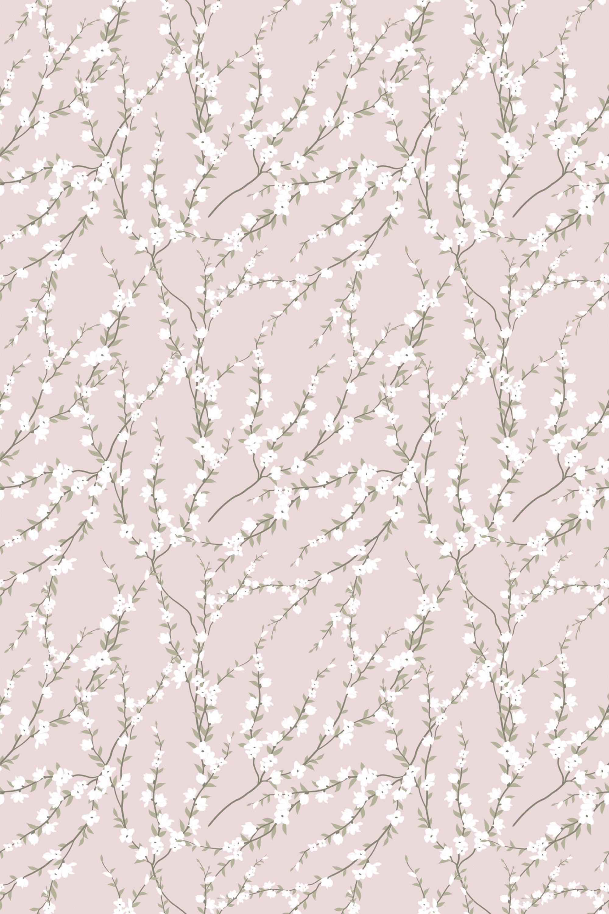 An elegant pattern of white and pink blooming spring trees on a soft beige background, creating a serene and naturalistic aesthetic suitable for home decor, peel and stick removable wallpaper.