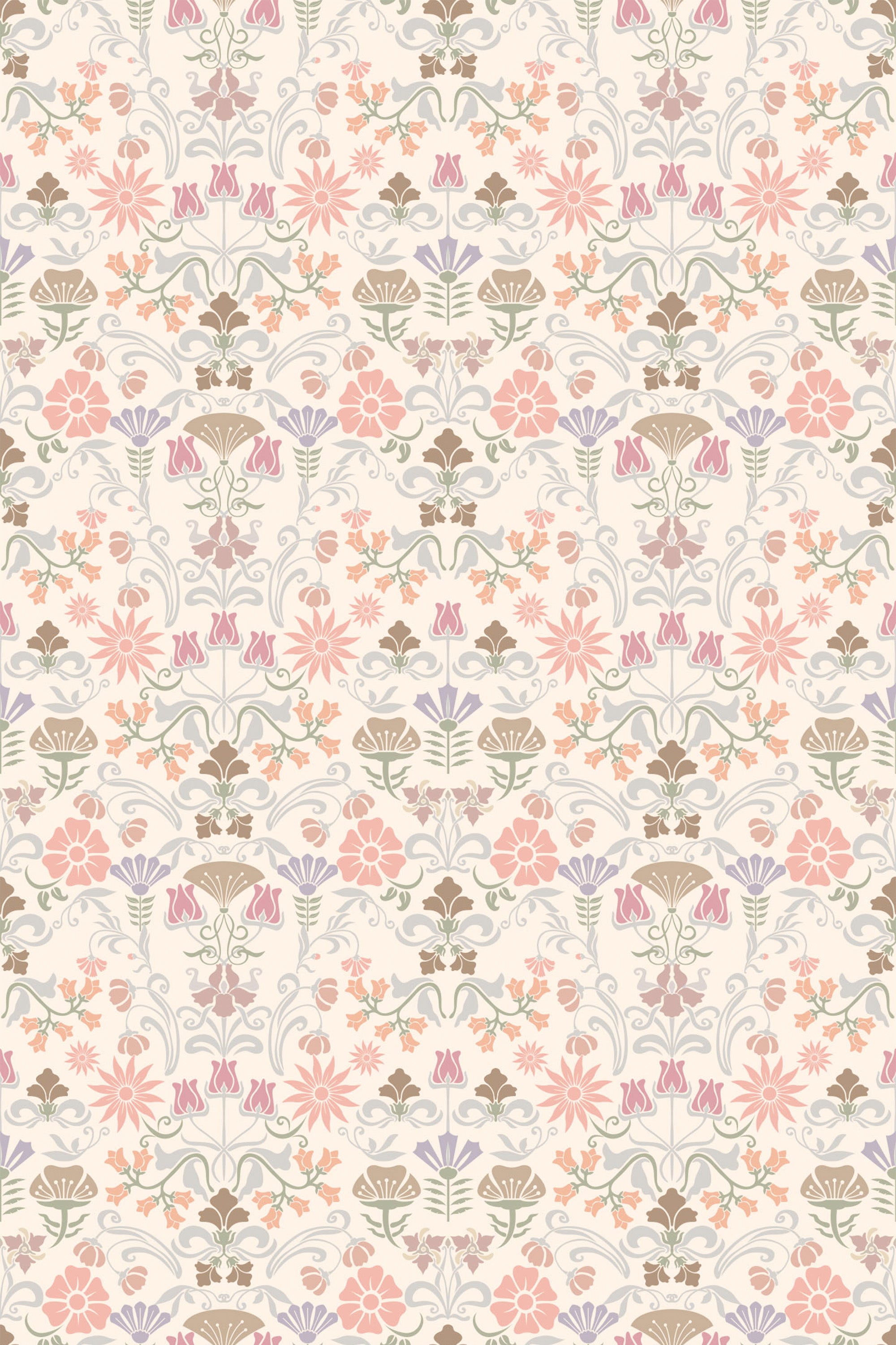 Elegant Art Nouveau style wallpaper with a pattern of floral and organic motifs in soft pink, green, and beige tones on a cream background, peel and stick removable wallpaper.