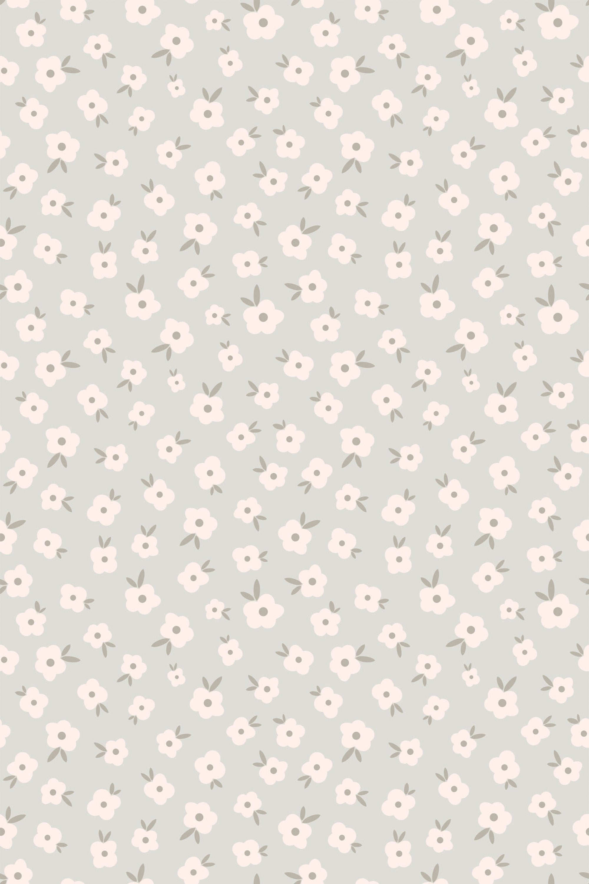 Light green background with small white and pink flowers pattern, peel and stick removable wallpaper.