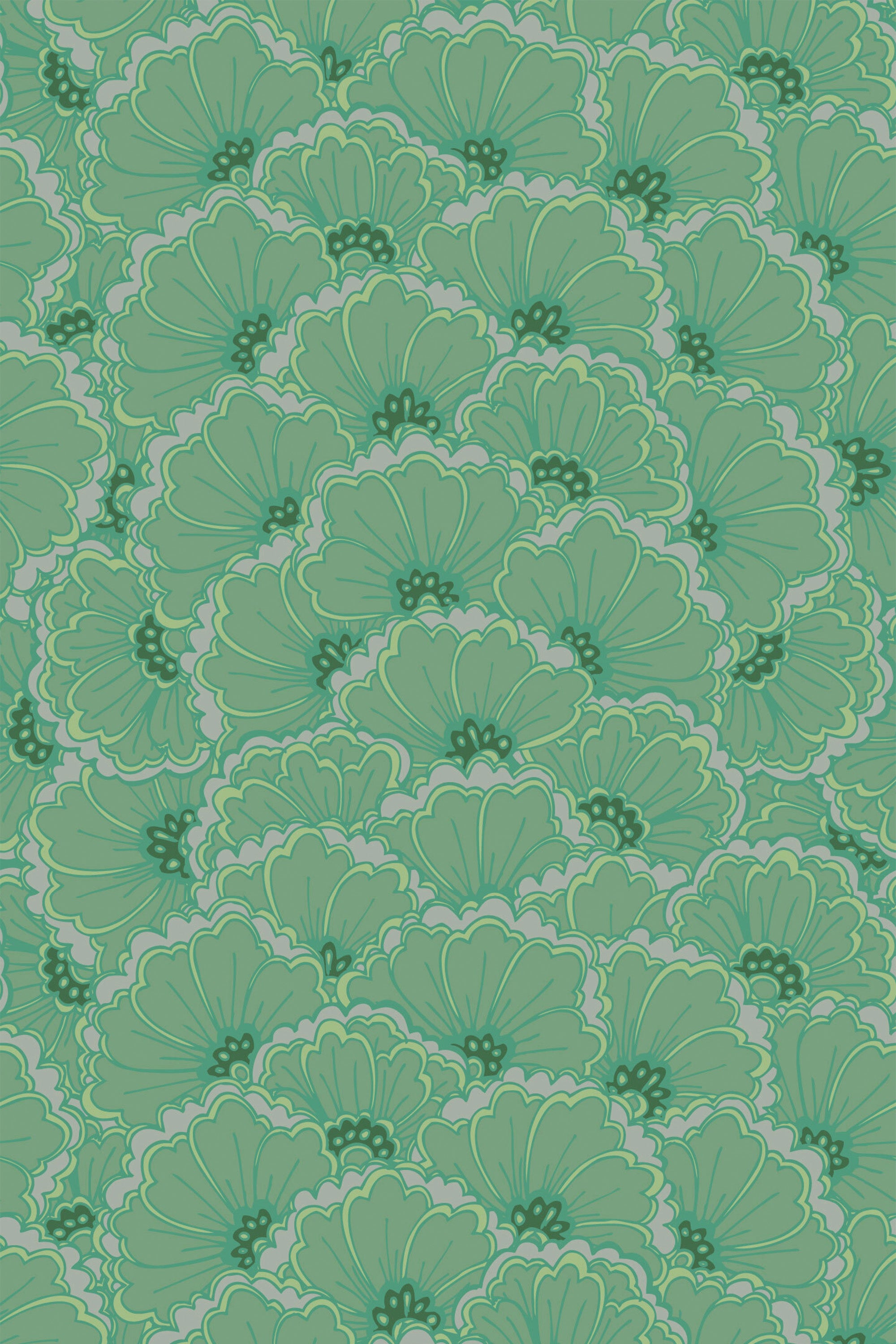 A seamless pattern of stylized green floral motifs on a pale background, forming a vintage-inspired design suitable for wall decoration, known as Green retro floral peel and stick removable wallpaper.