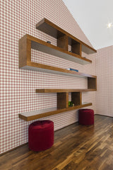 modern living room shelf velour puff chairs plaid geometry wallpaper stick and peel