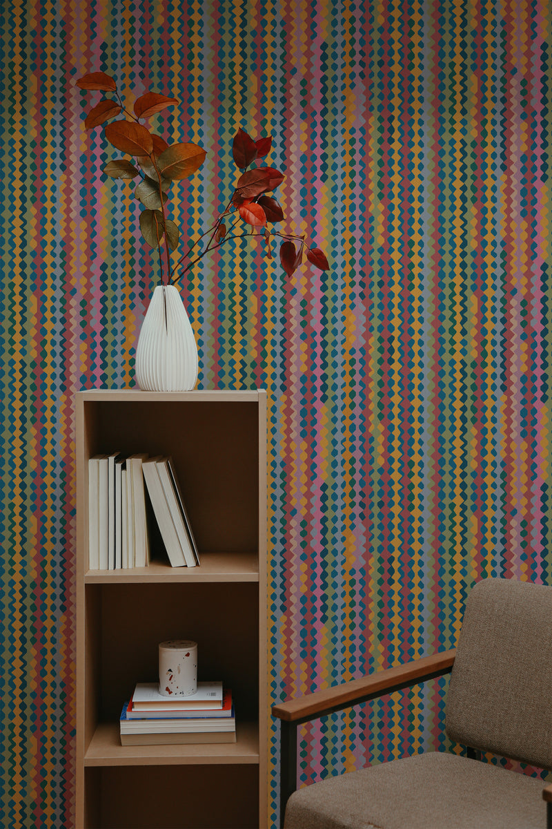 self-adhesive wallpaper retro vintage geometric pattern bookshelf armchair decorative plant interior