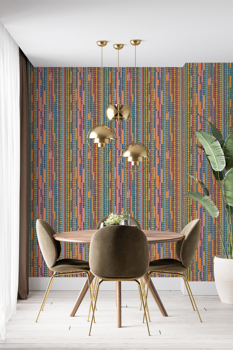 A room with Retro vintage geometric wallpaper in a pattern of colorful vertical stripes and dots, complementing a modern decor with traditional wallpaper.