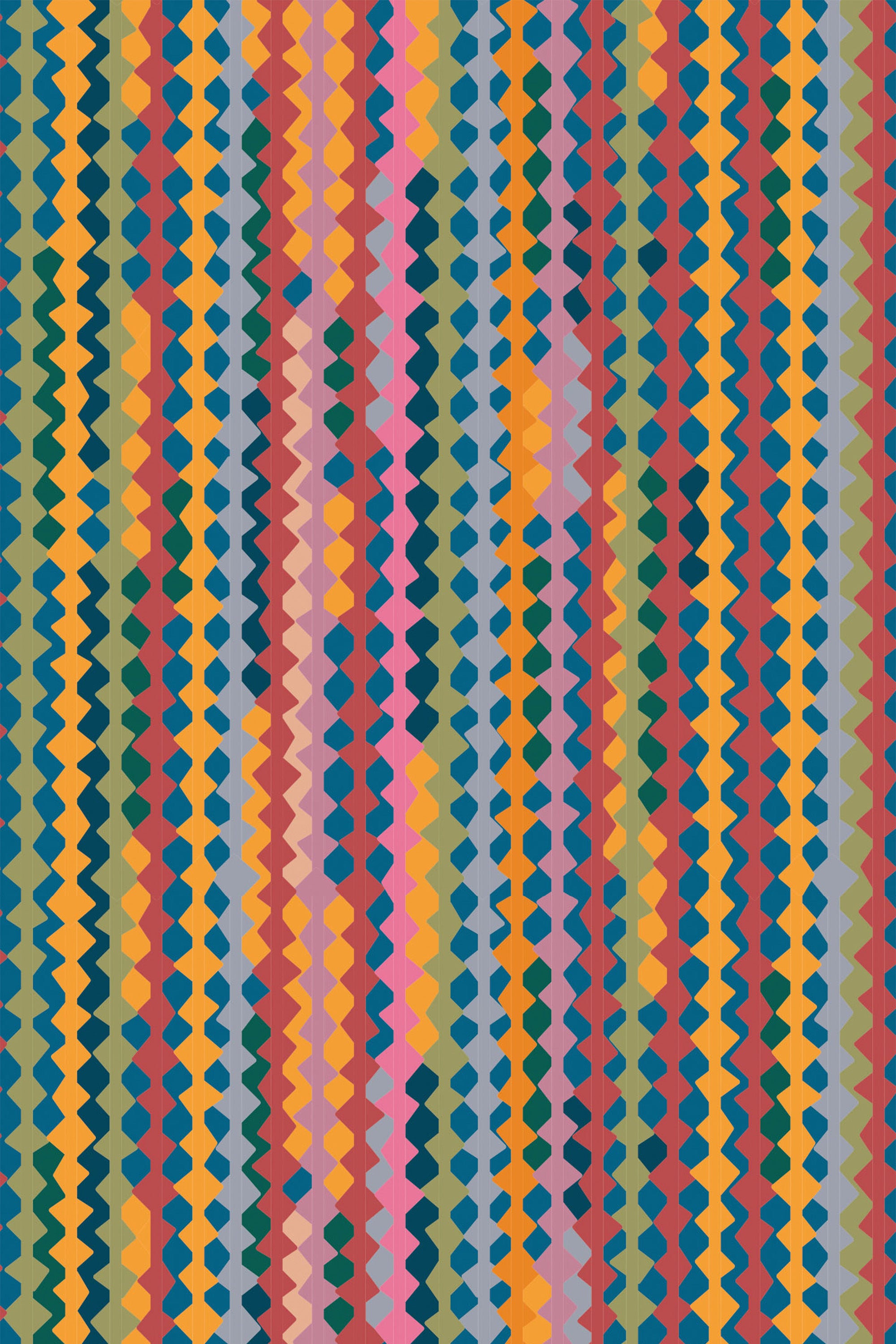 A pattern of multicolored zigzag stripes with a retro vintage geometric style on a peel and stick removable wallpaper.