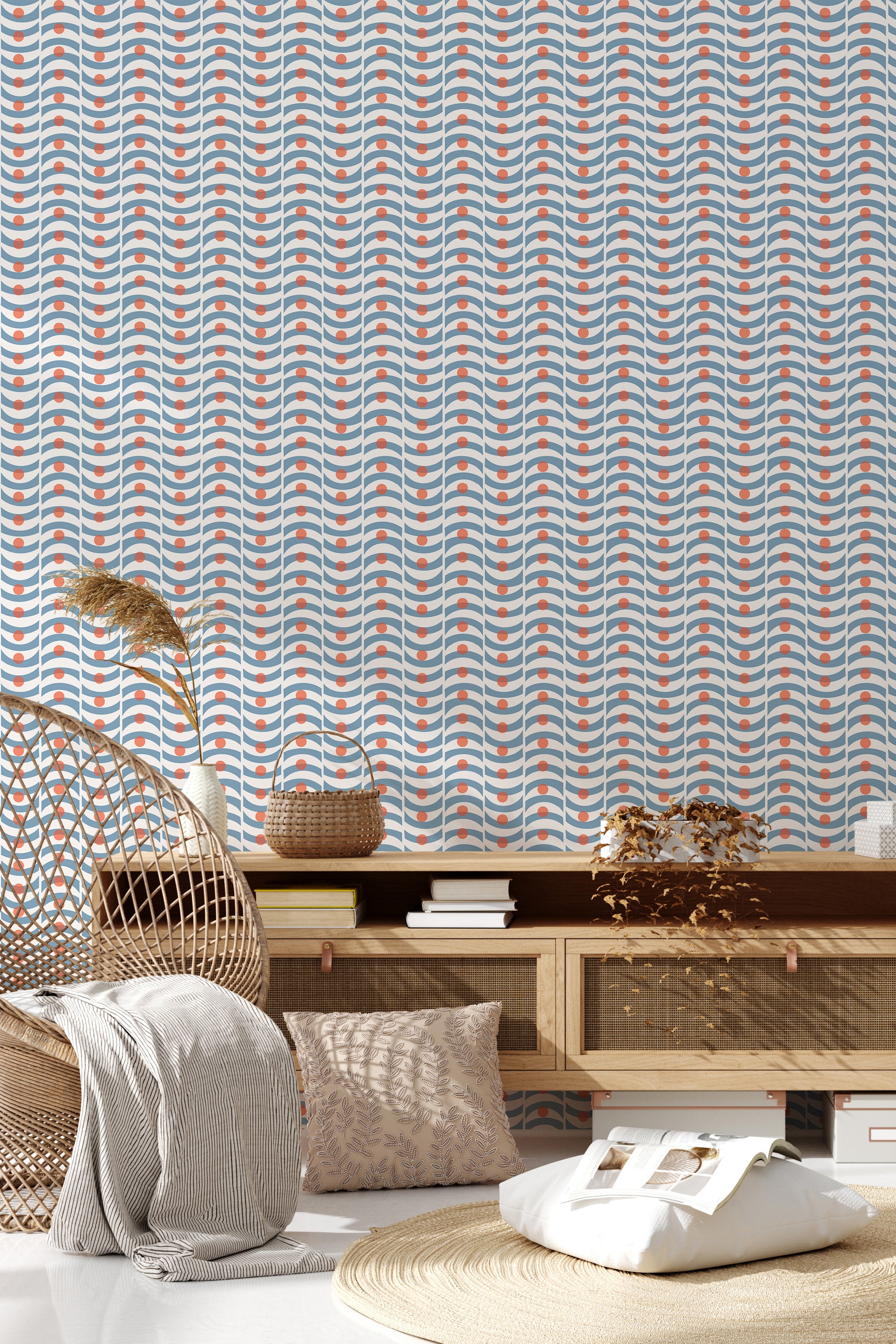 A vintage patterned wallpaper with rows of interconnected curved lines and small leaf-like motifs in a muted color palette on a room's wall, giving a retro feel as traditional wallpaper.