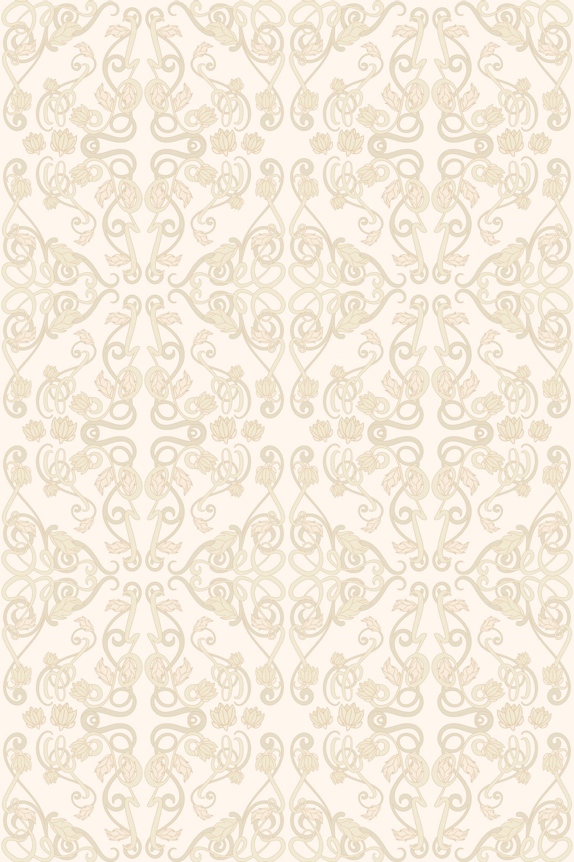 Patterned wallpaper with a symmetrical arrangement of floral and abstract motifs in soft neutral tones, suitable for a nursery, peel and stick removable wallpaper.