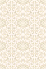 Patterned wallpaper with a symmetrical arrangement of floral and abstract motifs in soft neutral tones, suitable for a nursery, peel and stick removable wallpaper.