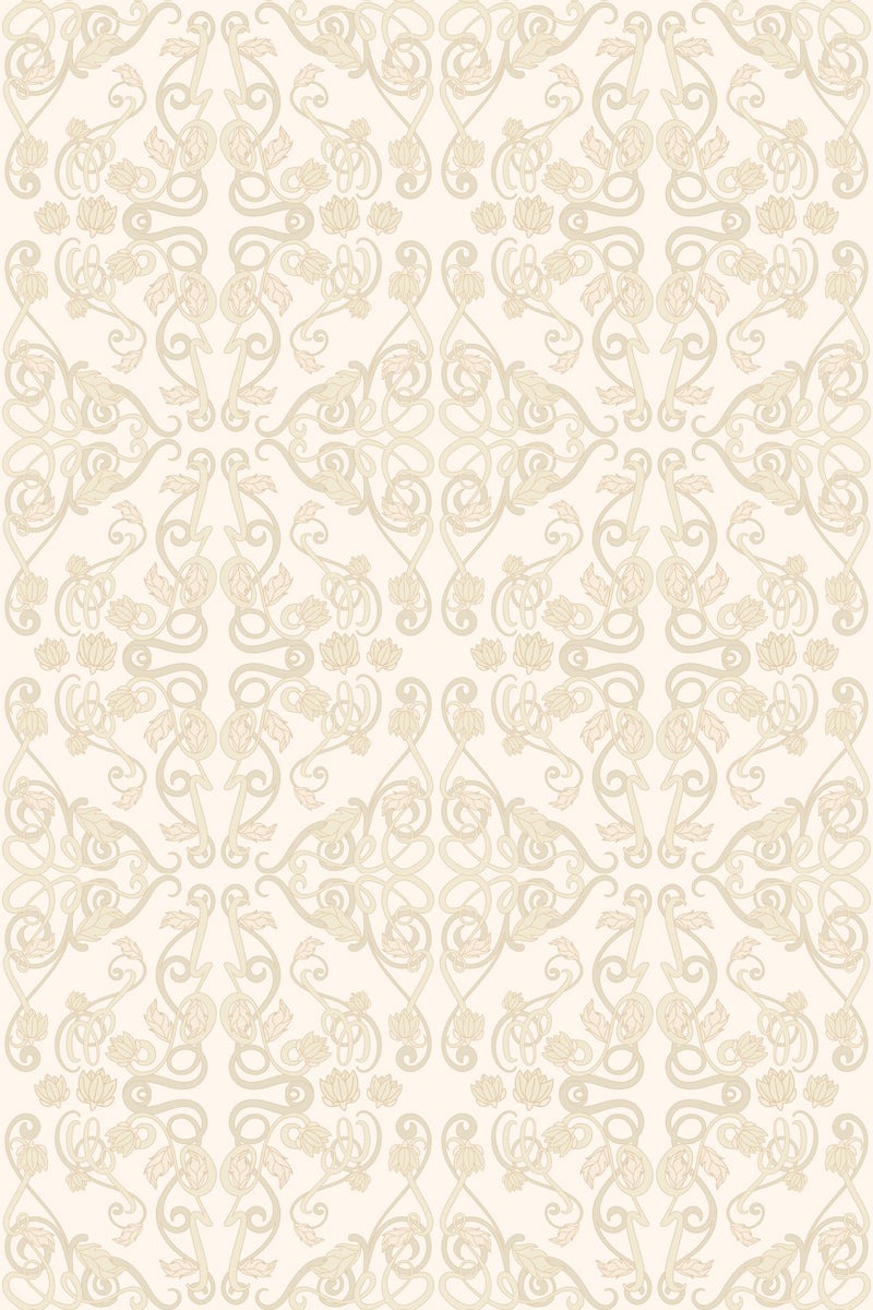 Patterned wallpaper with a symmetrical arrangement of floral and abstract motifs in soft neutral tones, suitable for a nursery, peel and stick removable wallpaper.