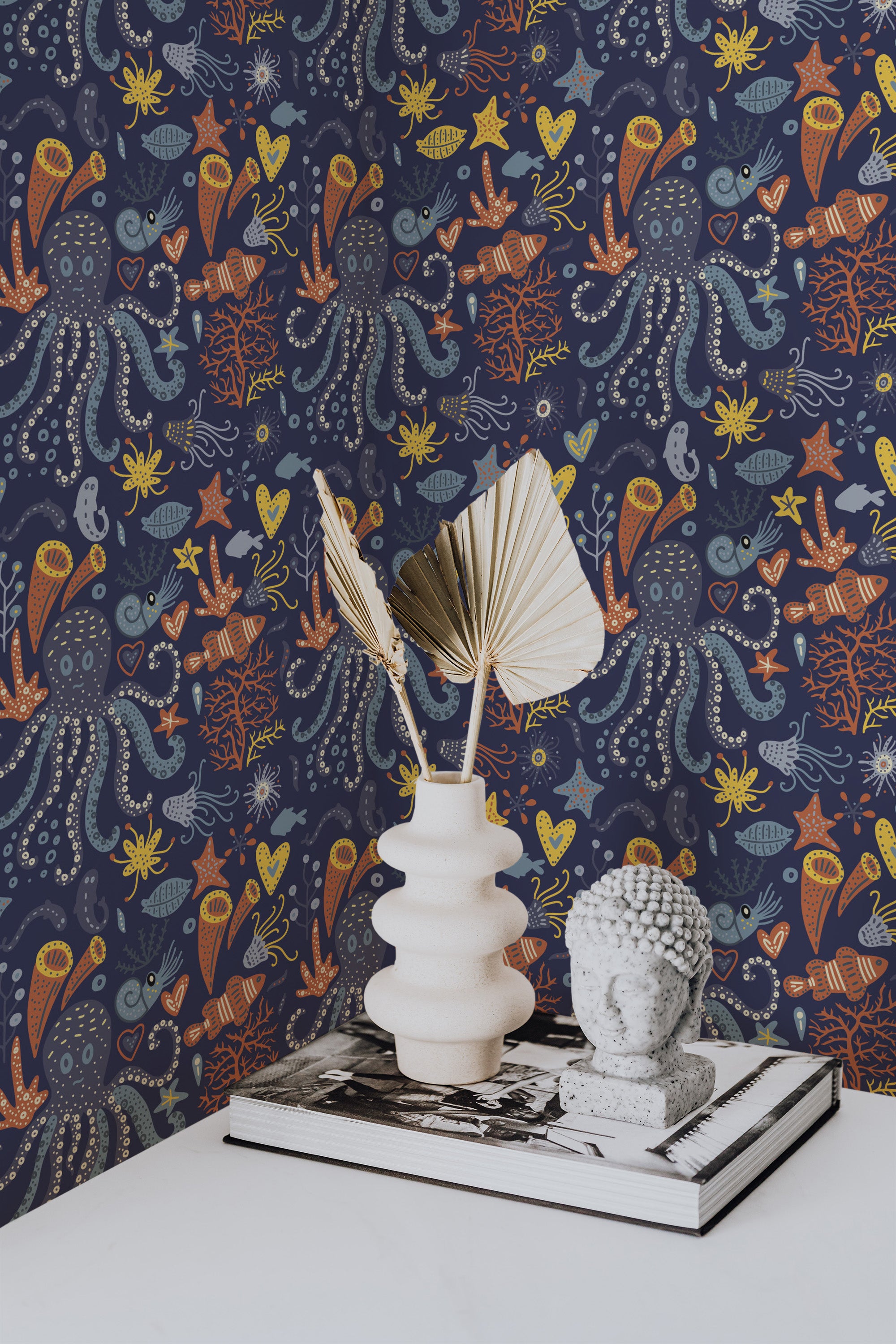 Self-adhesive Vintage Seaworld wallpaper with various marine life such as octopuses, corals, and fish in a colorful pattern on a dark background.