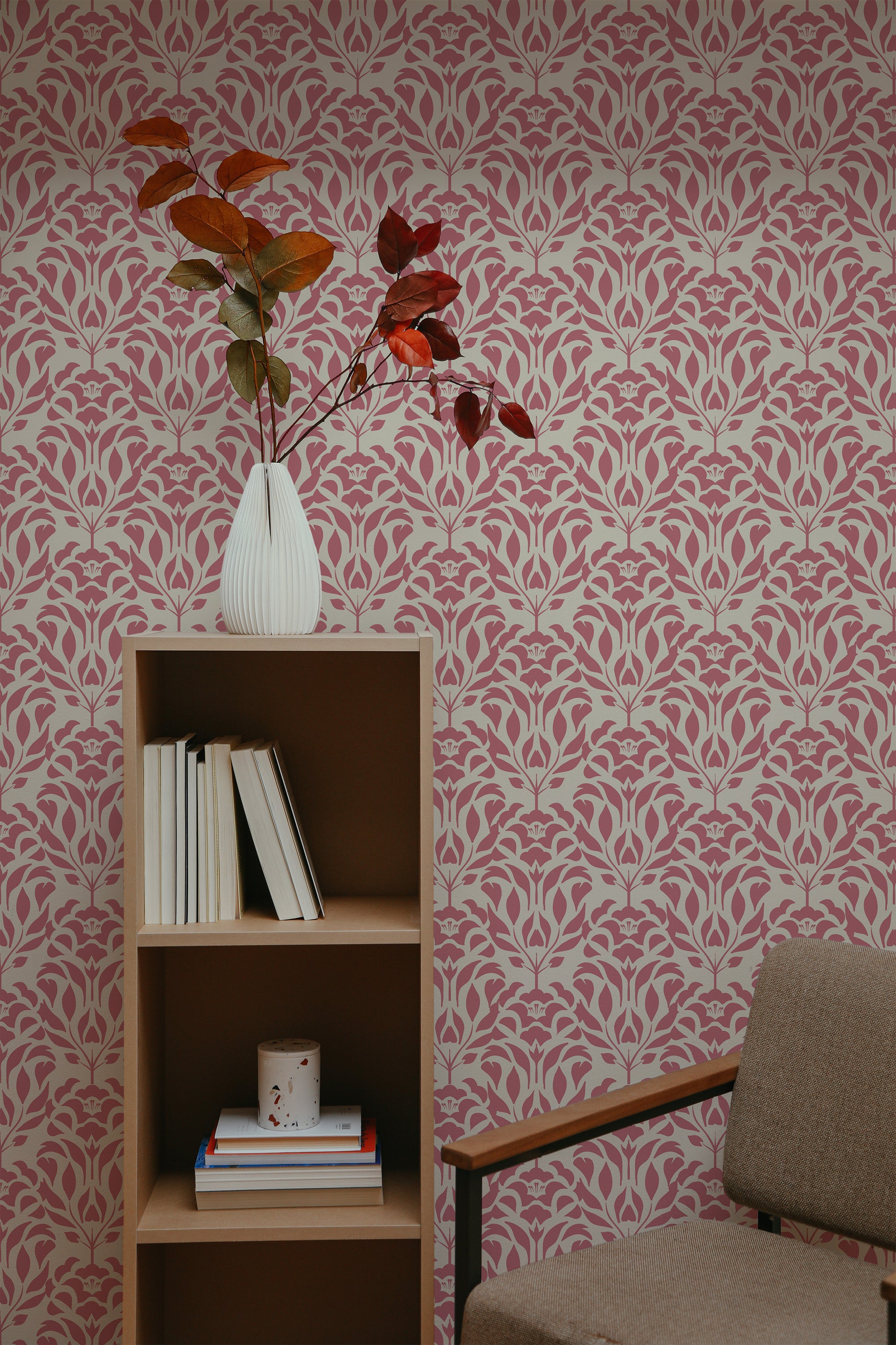 Self-adhesive Aesthetic floral linocut wallpaper with a repeating pattern of stylized flowers and leaves in a dual-tone scheme on a room wall.