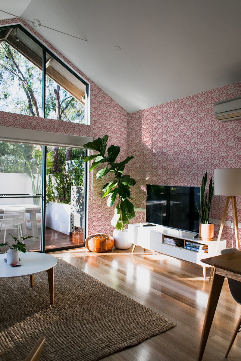 minimalist house terrace green plants living room aesthetic floral linocut stick and peel wallpaper