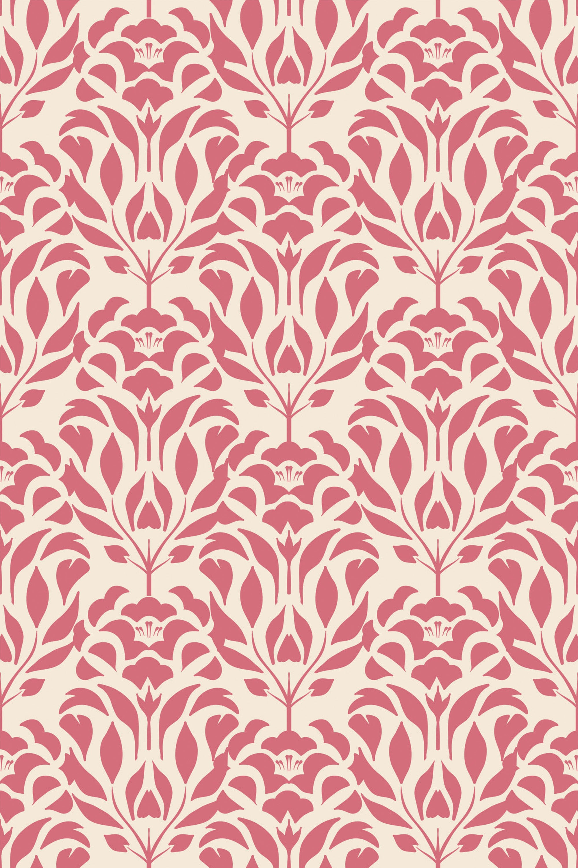 Elegant repeating pattern of red and pink stylized floral motifs on a neutral background, forming a vintage-inspired aesthetic for home decor, peel and stick removable wallpaper.