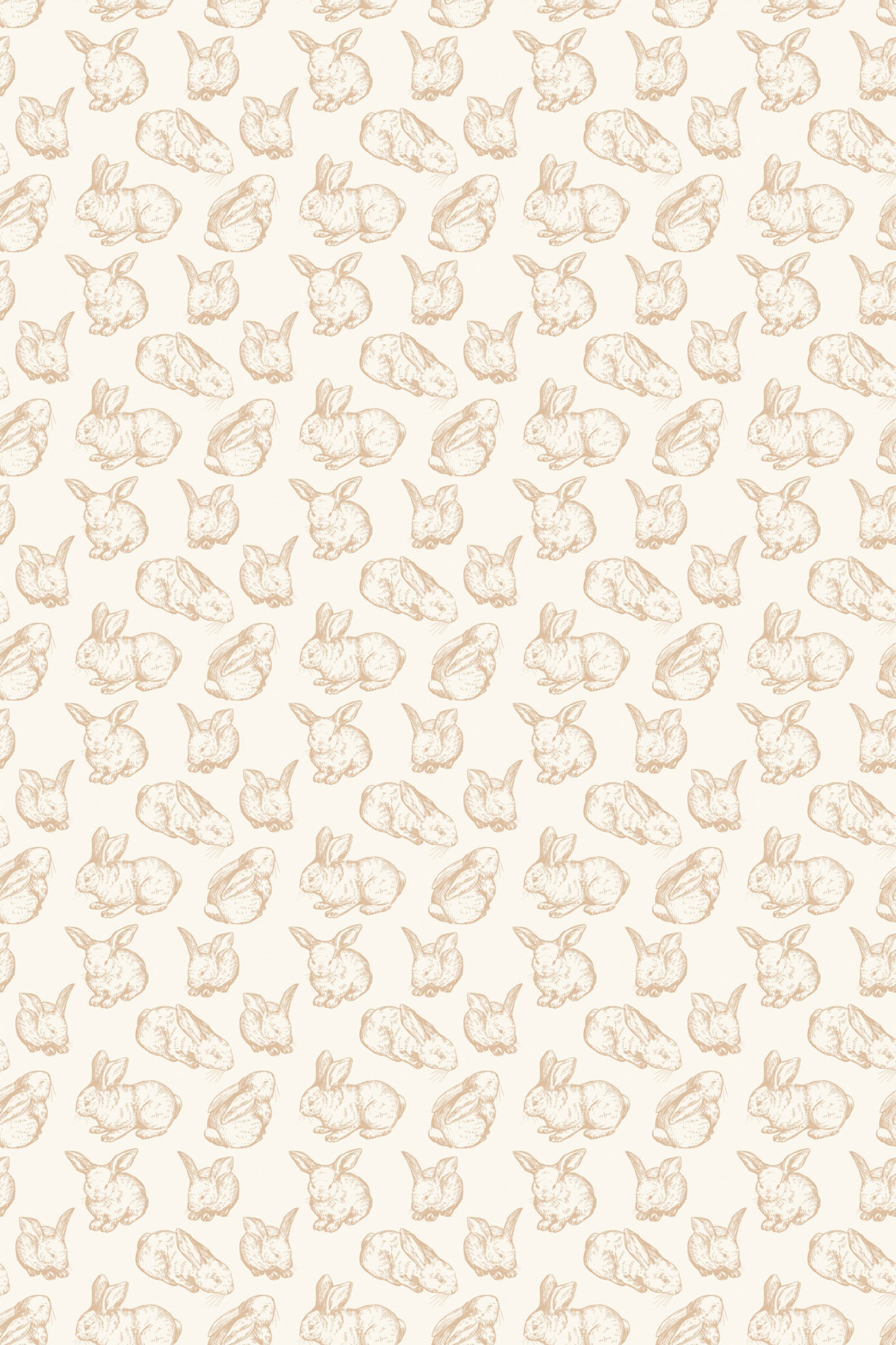 Patterned wallpaper with rows of sketched bunny illustrations on a pale background, termed 'Cute bunnies', suitable as peel and stick removable wallpaper.