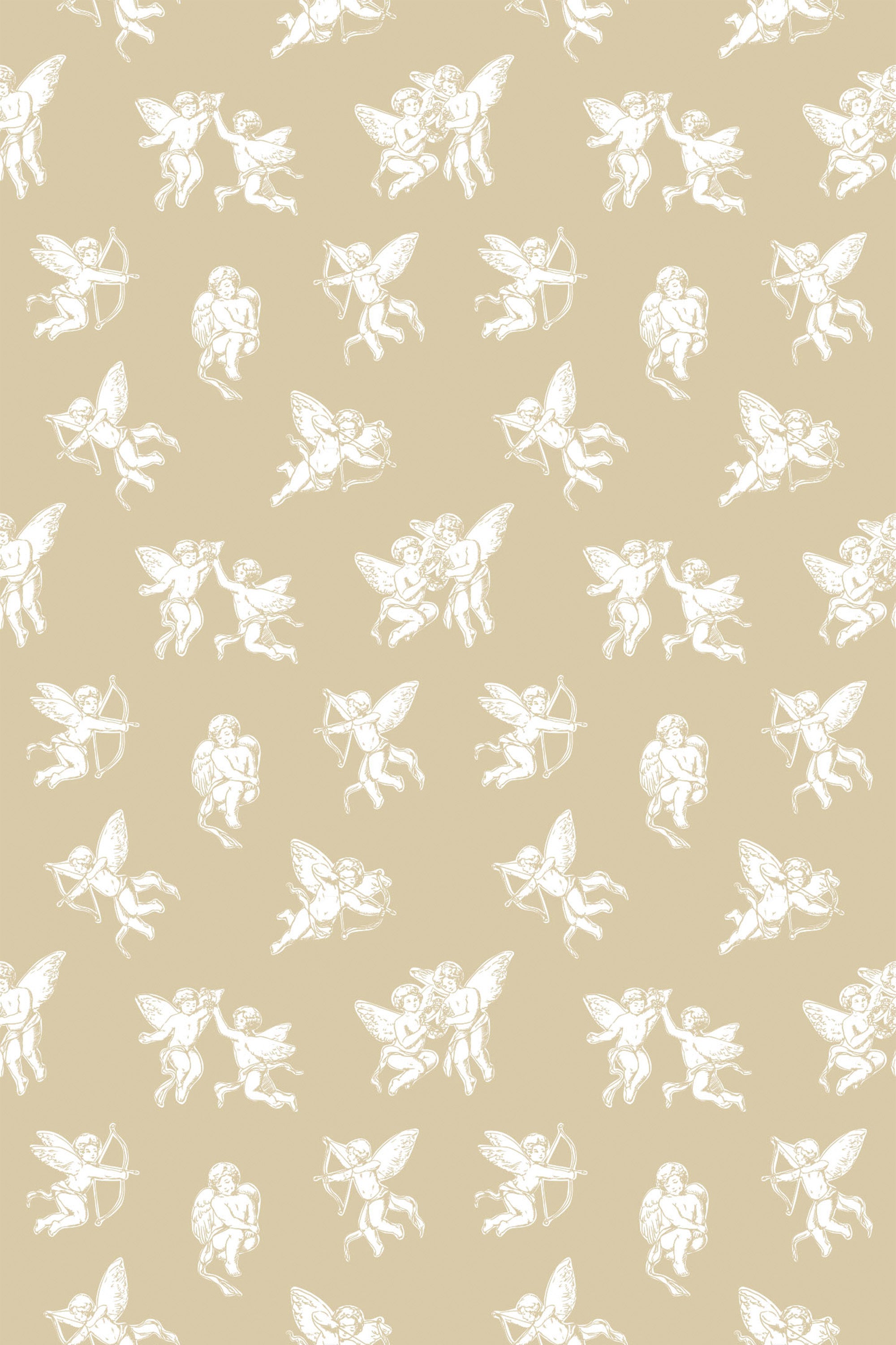 Elegant repeating pattern of white vintage angels on a beige background, suitable for sophisticated interiors, peel and stick removable wallpaper.