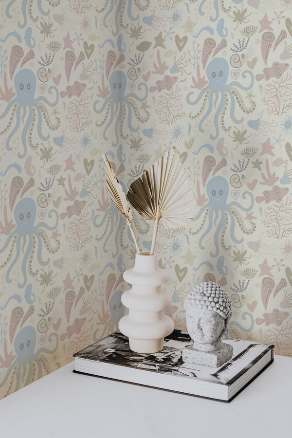 wallpaper for walls neutral seaworld pattern modern sophisticated vase statue home decor