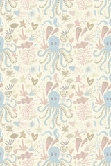 A pattern of stylized sea creatures including octopi, seahorses, and starfish in soft pastel shades on a neutral background, ideal for relaxed and playful decor. Peel and stick removable wallpaper.