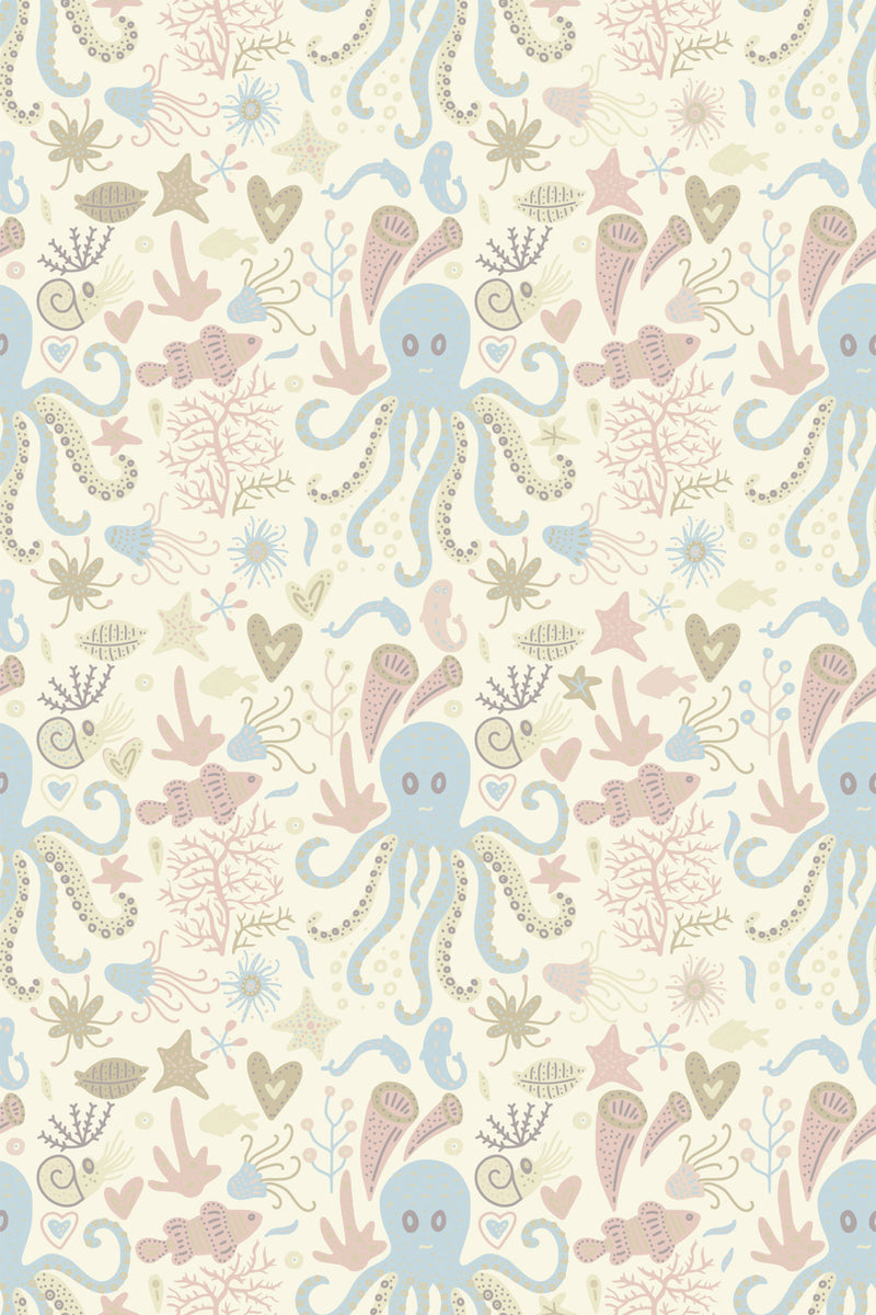 A pattern of stylized sea creatures including octopi, seahorses, and starfish in soft pastel shades on a neutral background, ideal for relaxed and playful decor. Peel and stick removable wallpaper.