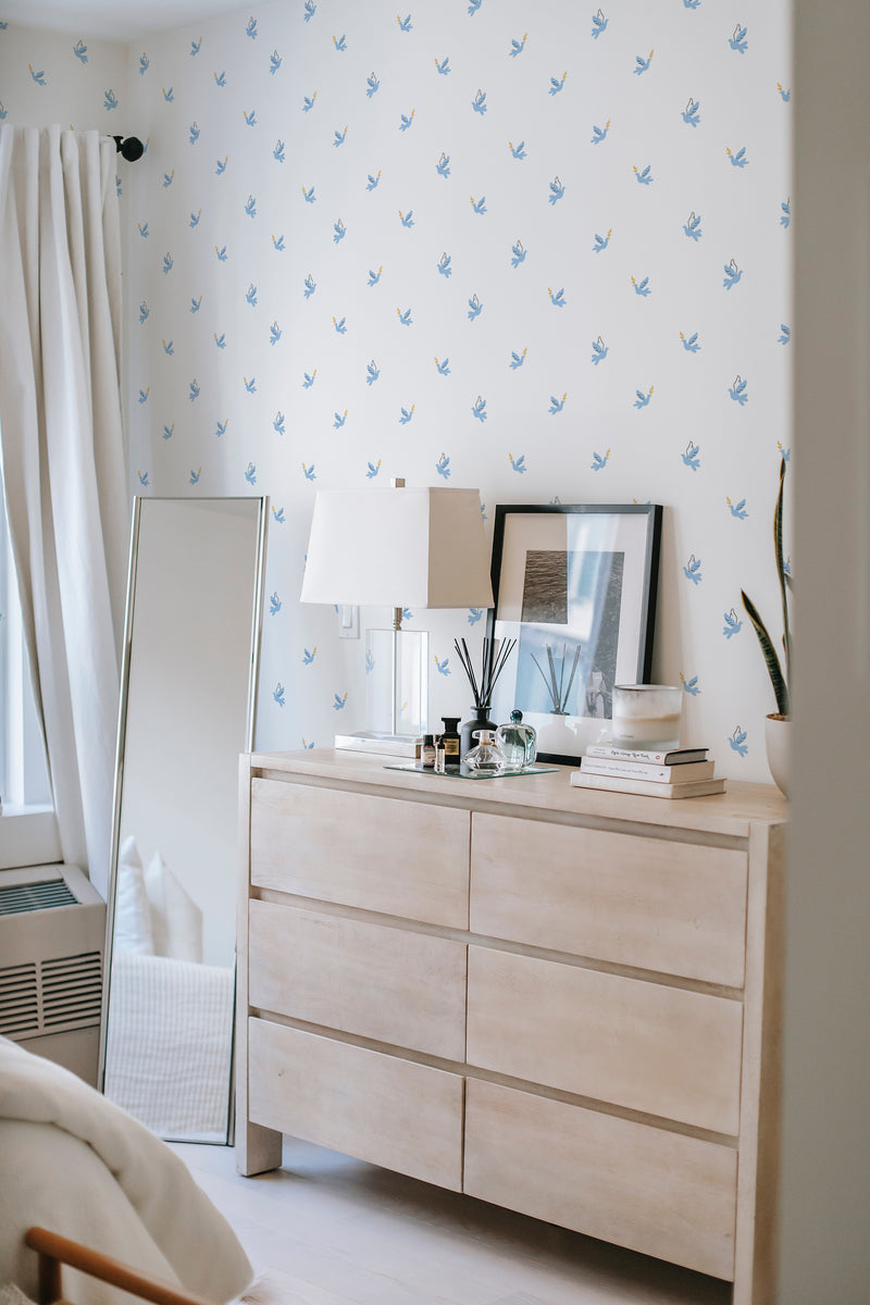         
peel and stick wallpaper peace doves accent wall bedroom dresser mirror minimalist interior