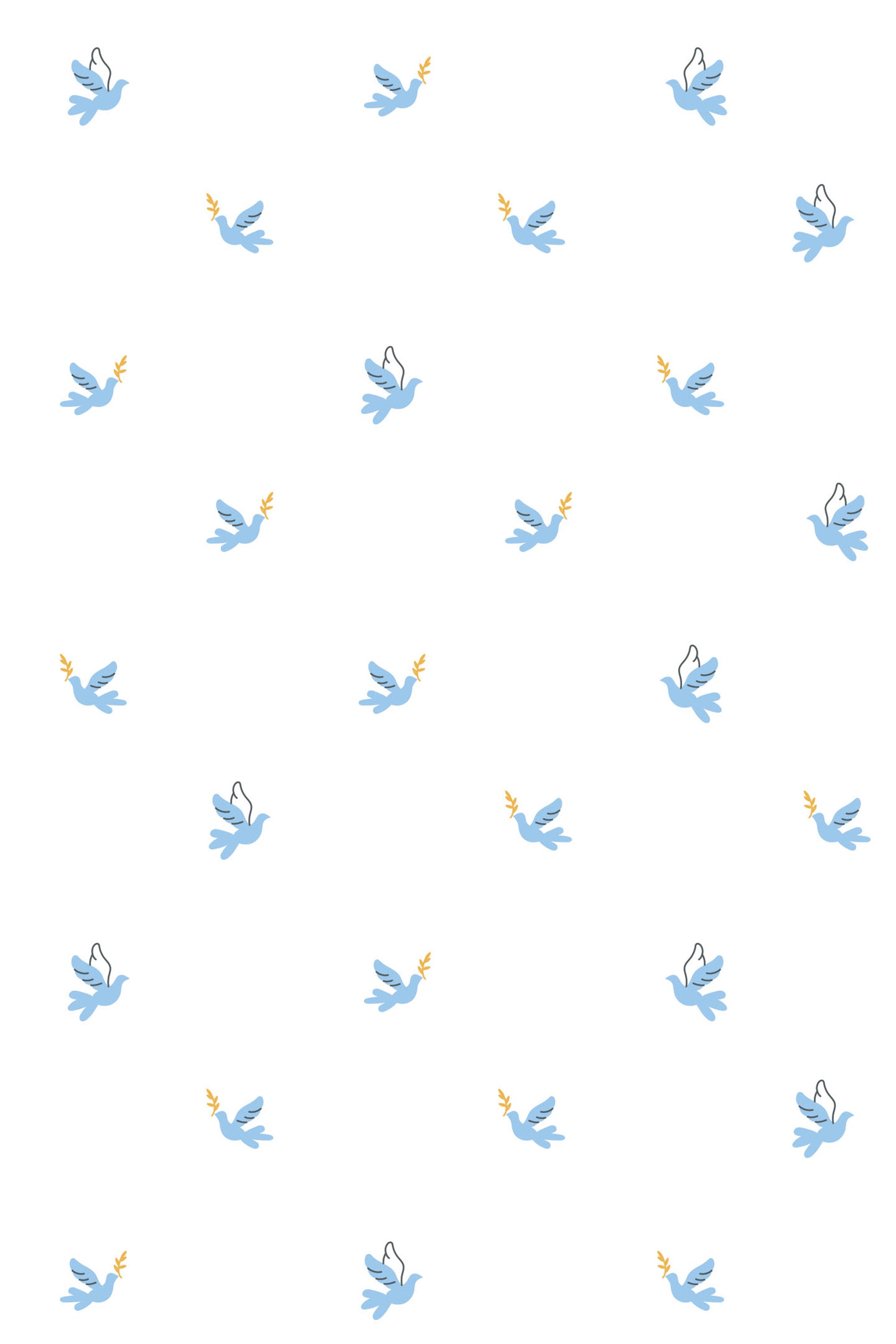 Pattern of blue and yellow peace doves on a white background, peel and stick removable wallpaper.