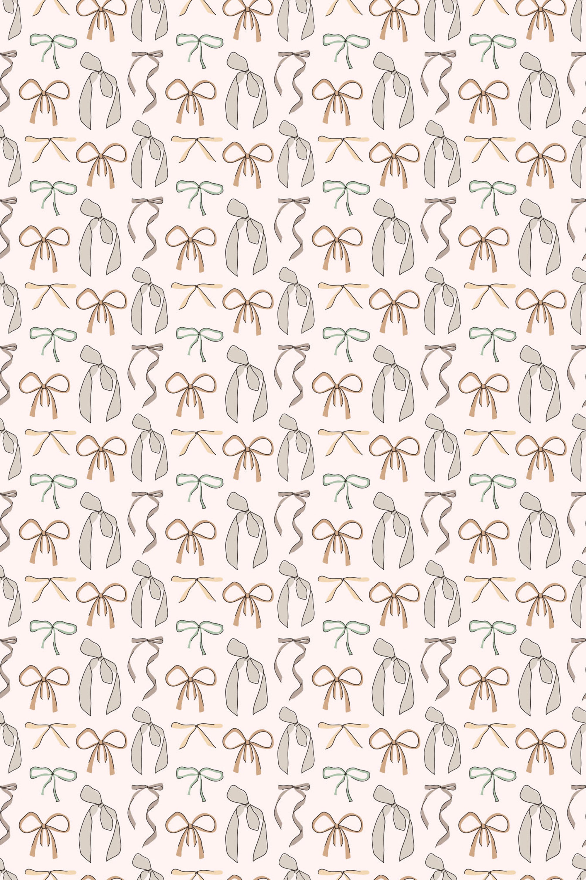 A repeating pattern of stylized bows in soft vintage colors on a neutral background, creating a classic and elegant look for a peel and stick removable wallpaper.