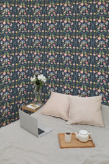 temporary wallpaper dark ornamented floral pattern cozy romantic bedroom interior