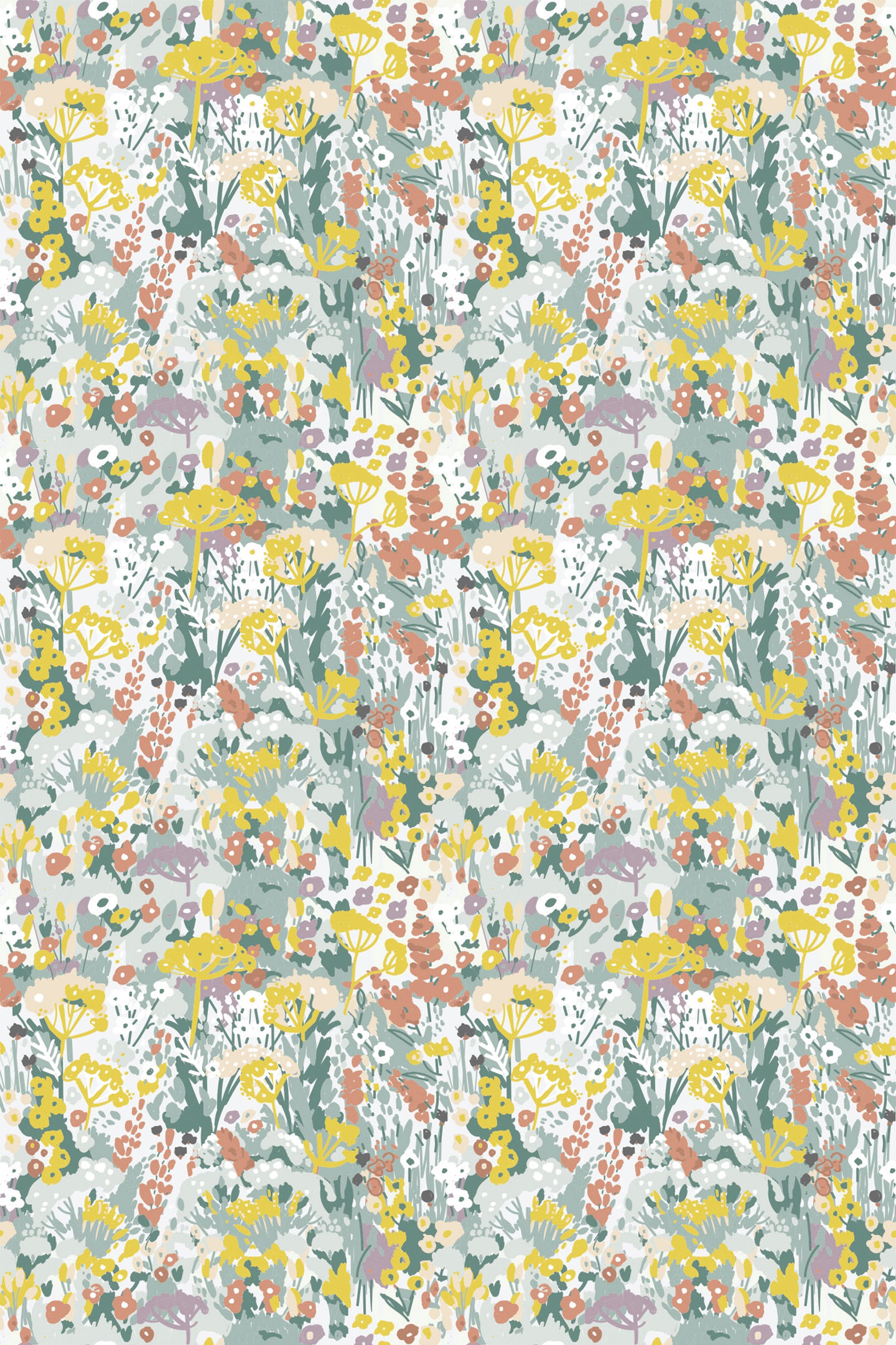 A vibrant pattern with yellow, orange, and green floral elements on a light background representing an abstract summer meadow, peel and stick removable wallpaper.