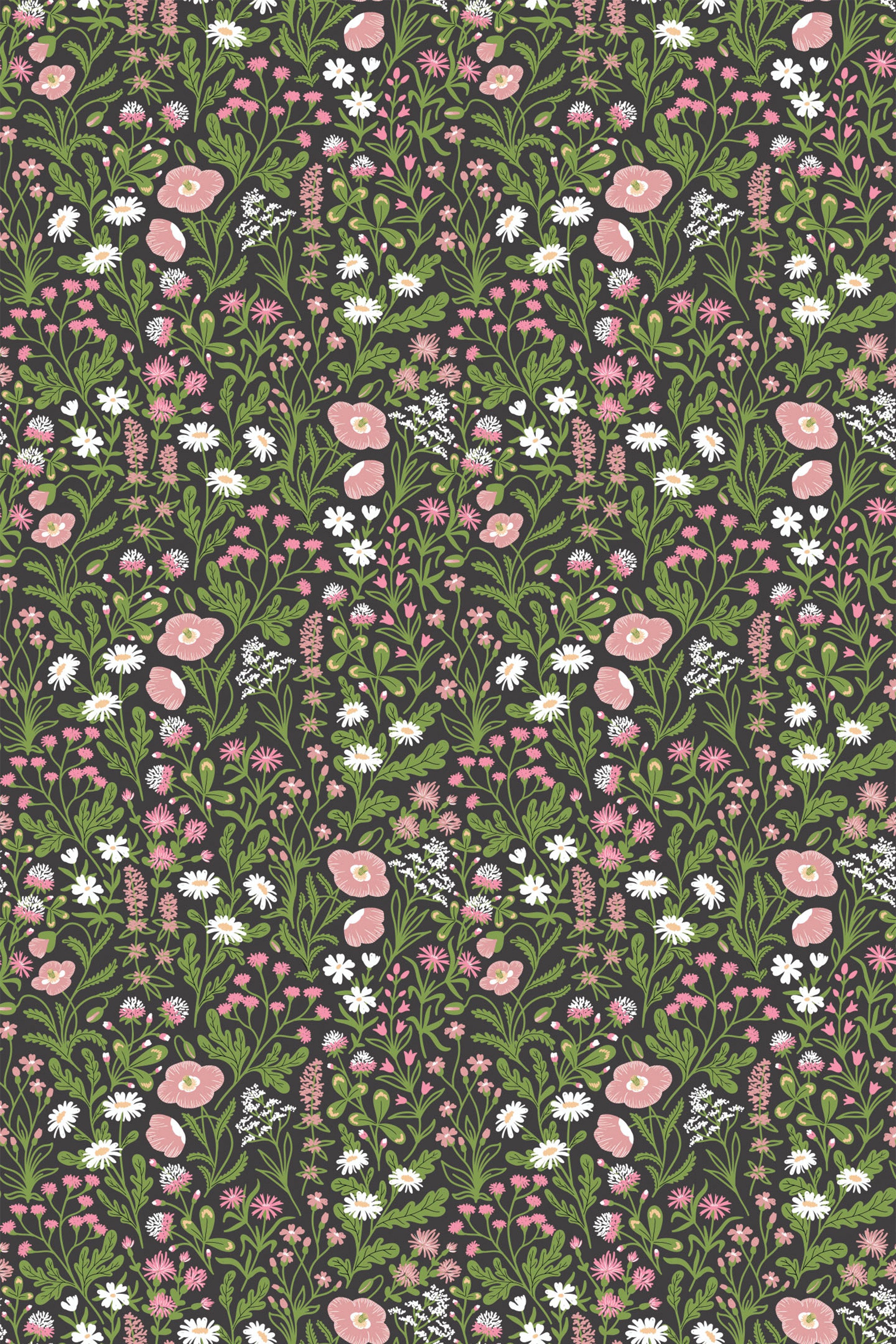 A pattern of pink and white flowers with green foliage on a brown backdrop, forming a vintage-inspired botanical design, for peel and stick removable wallpaper.