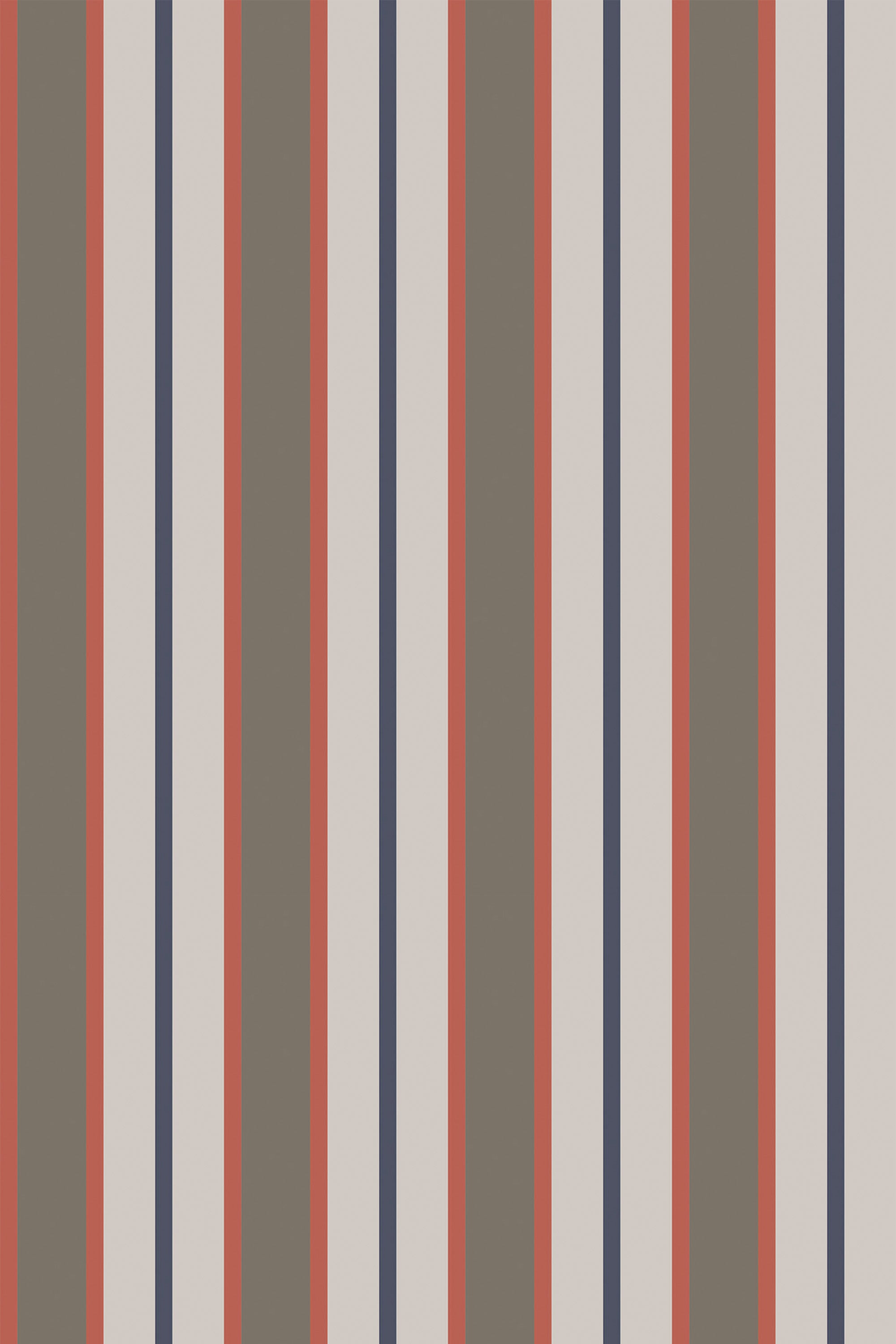 Alternating stripes in earthy tones of beige, brown, and navy on a white background, offering a classic look for interior decor, peel and stick removable wallpaper.