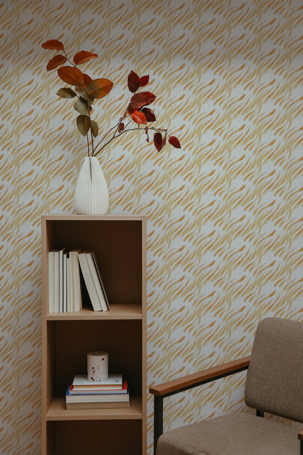 self-adhesive wallpaper yellow brush stroke pattern bookshelf armchair decorative plant interior