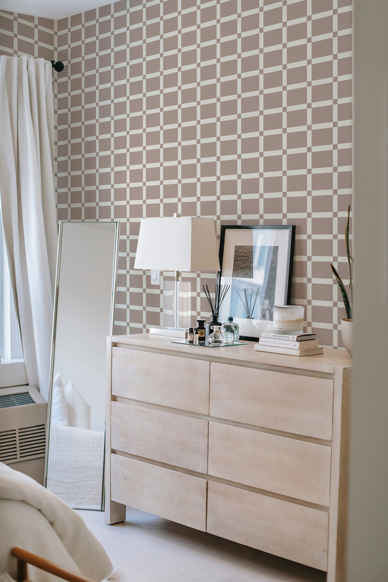         
peel and stick wallpaper brown plaid accent wall bedroom dresser mirror minimalist interior