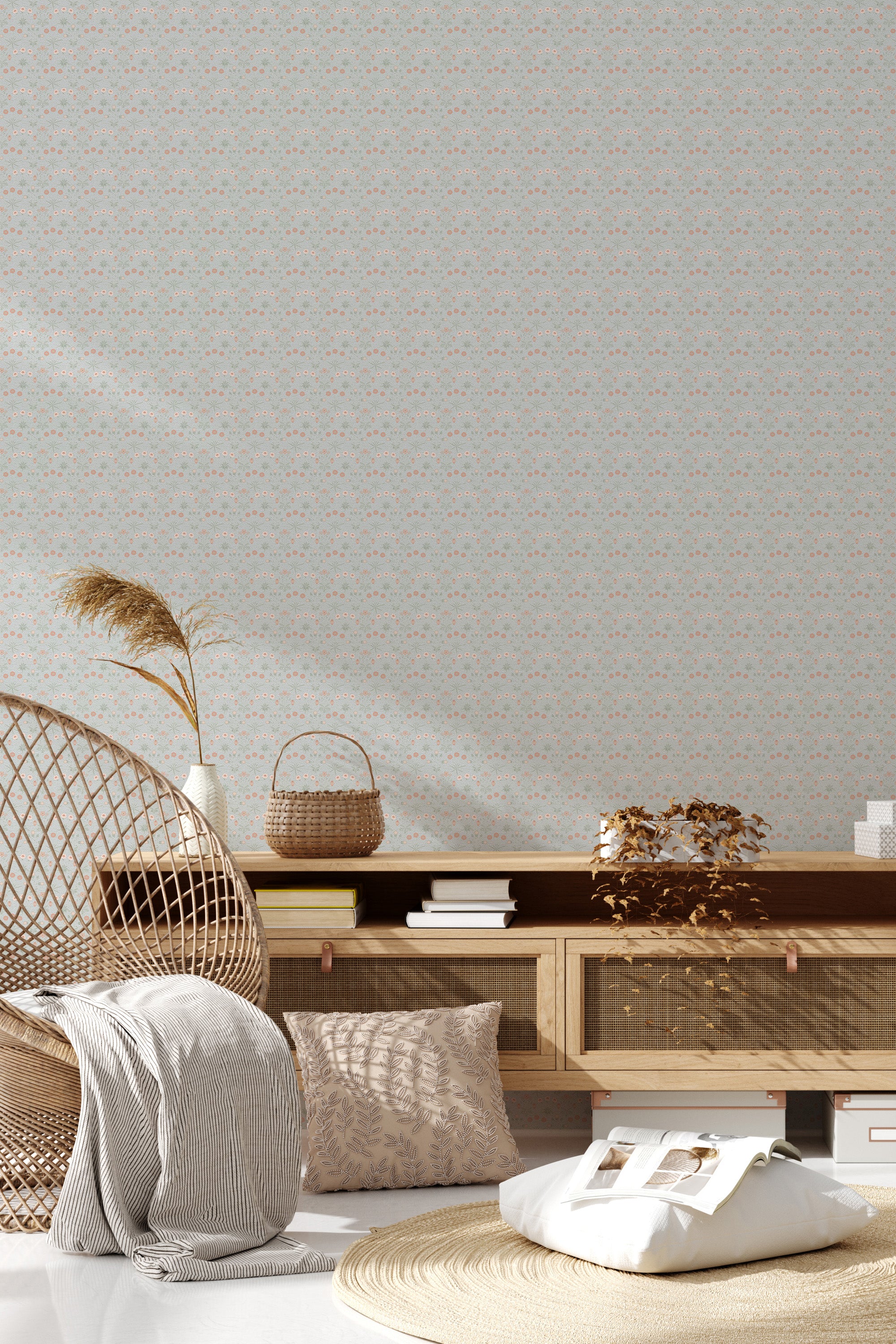 A room with a wall adorned in gray floral patterned wallpaper with small flowers, providing a subtle touch of elegance to the space, reflecting a traditional wallpaper style.