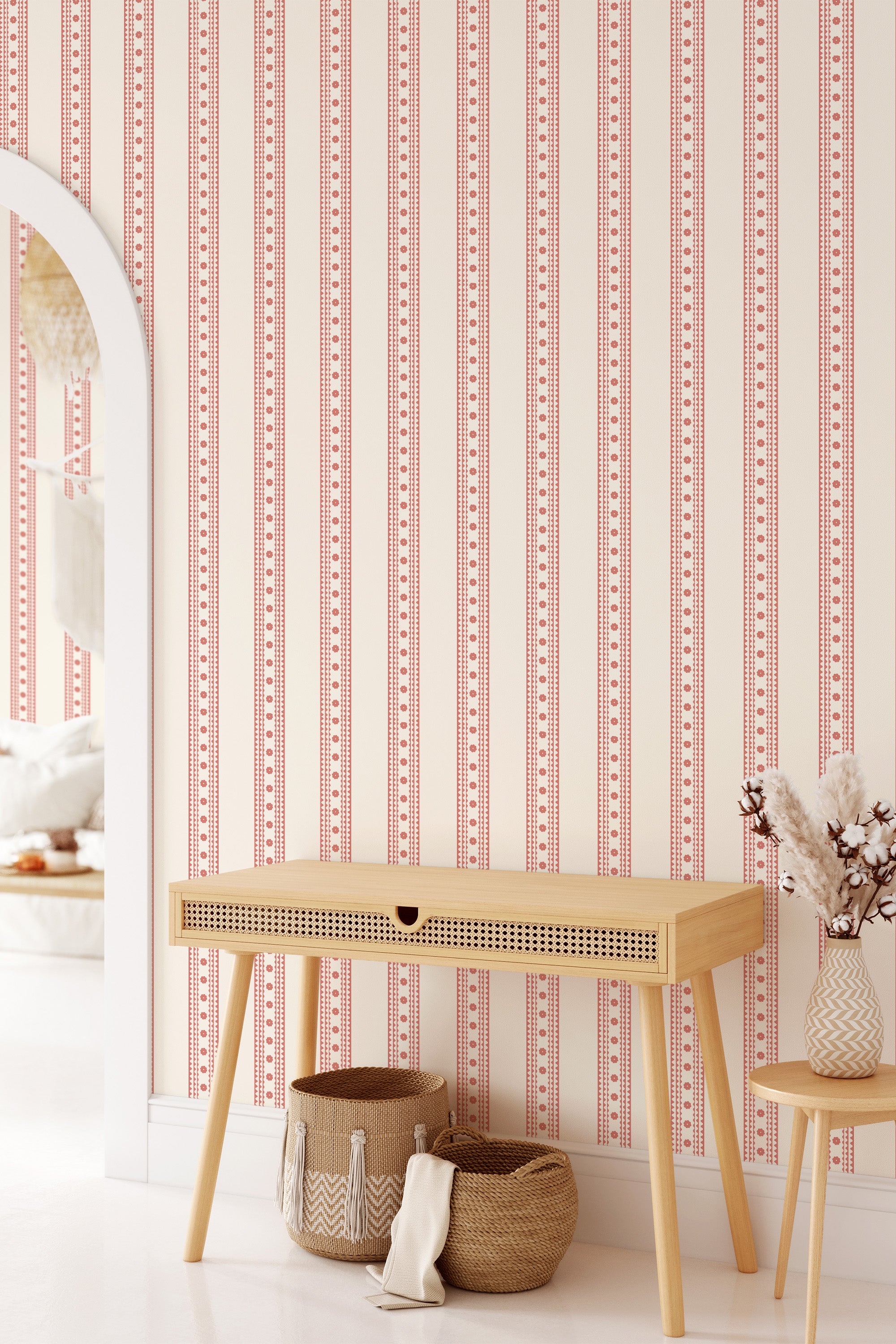 Striped wallpaper with vintage floral patterns in red and beige, giving the room a classic and traditional wallpaper feel.