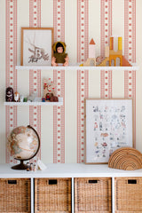 kids room toys pictures decor shelf boxes vintage floral striped wallpaper for walls