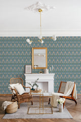 A room with Art Nouveau floral wallpaper in blue and gold, complementing the elegant decor and white fireplace, traditional wallpaper.