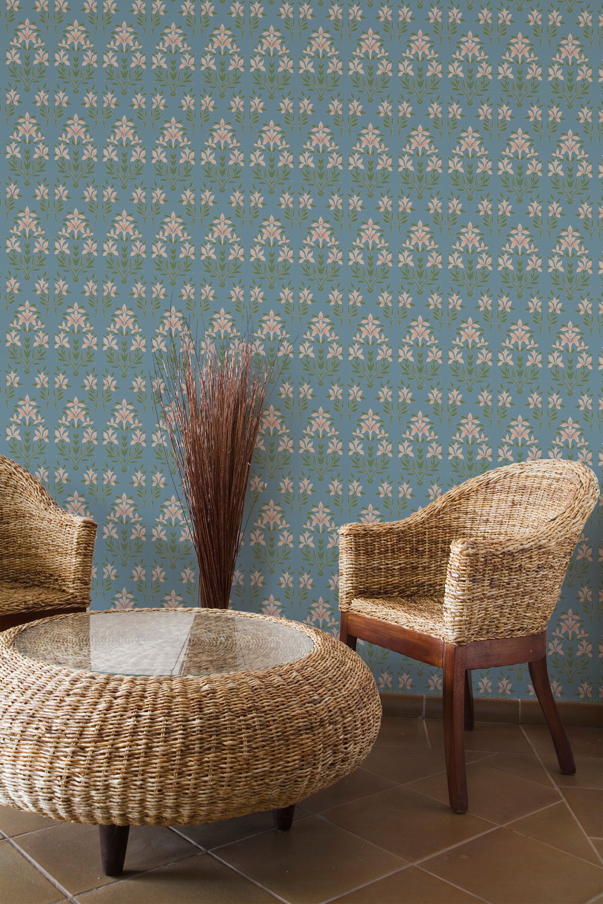 Self-adhesive Art Nouveau floral wallpaper with intricate botanical patterns in a room with wicker furniture.