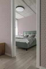 Bedroom with a graphic ornament wallpaper design in pink and white, creating a repetitive geometric pattern, offering a soft yet modern ambiance to the space, traditional wallpaper.