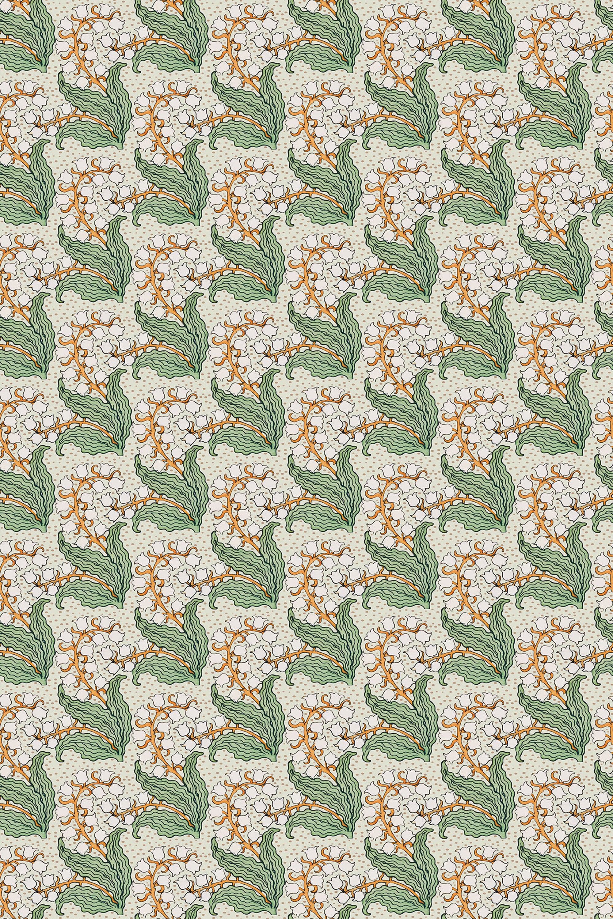 A patterned wallpaper with repeated lilies of the valley motifs in a peel and stick removable design.