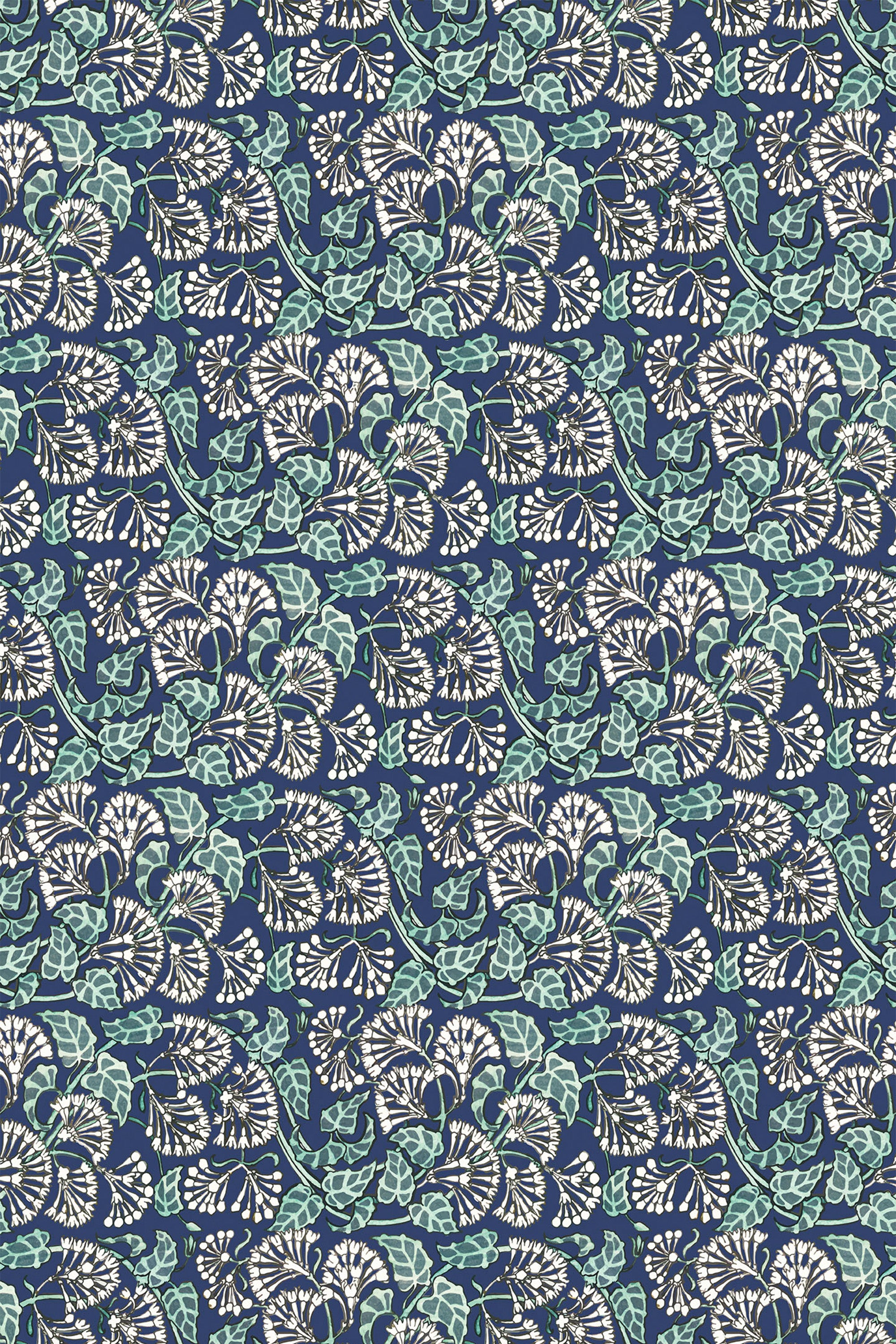 An elegant Art Nouveau style wallpaper with a seamless pattern of intricate, stylized floral designs in white and green against a dark blue background, peel and stick removable wallpaper.
